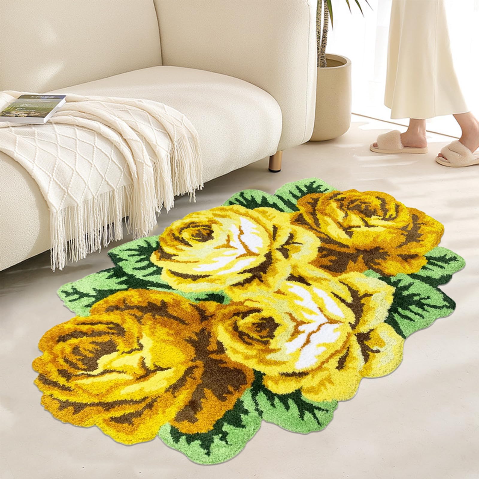 ABREEZE Rose Shabby Kitchen Mat Yellow Rose Rug Farmhouse Handmade Bathmat Floral Rug Girls Bedroom Rugs Washable Non-Slip Floor Carpets