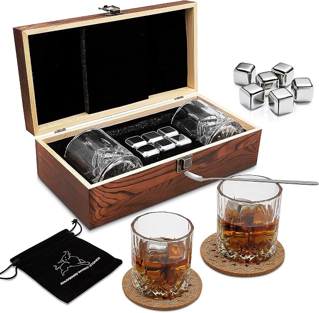 Whiskey Gift Sets for Men,Whisky Glass Set of 2 Glasses with 6 Stainless Steel Reusable Ice Cubes,2Classic Coasters,Mixing Spoon,Velvet Bag,Whiskey Stones Set for Christmas,Thanksgiving,Fathers Day