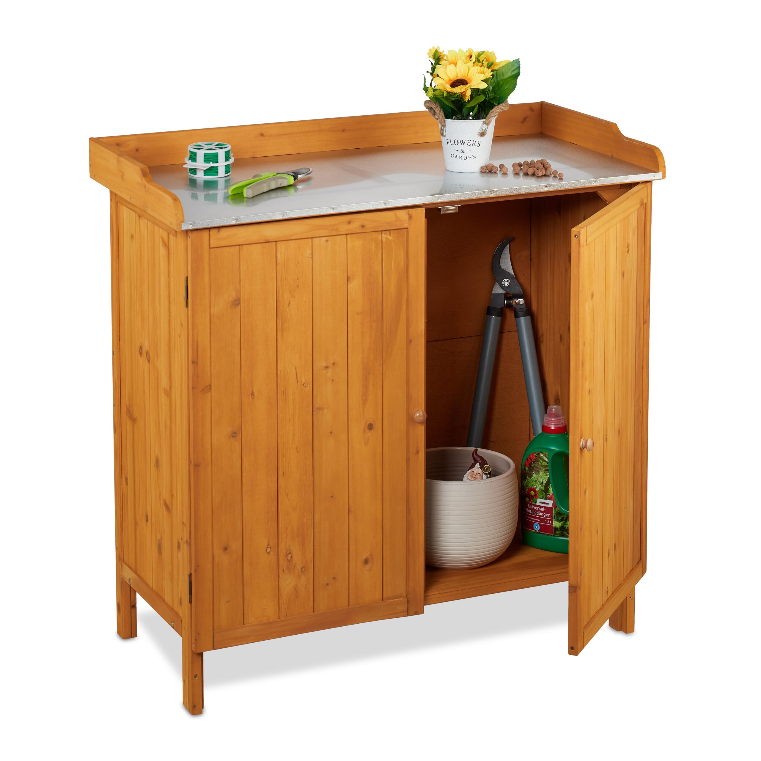 Relaxdays Mesa de Cultivo, Armario Almacenamiento Inferior, Madera, Superficie de Peltre, 94 x 94 x 47 cm, Naranja