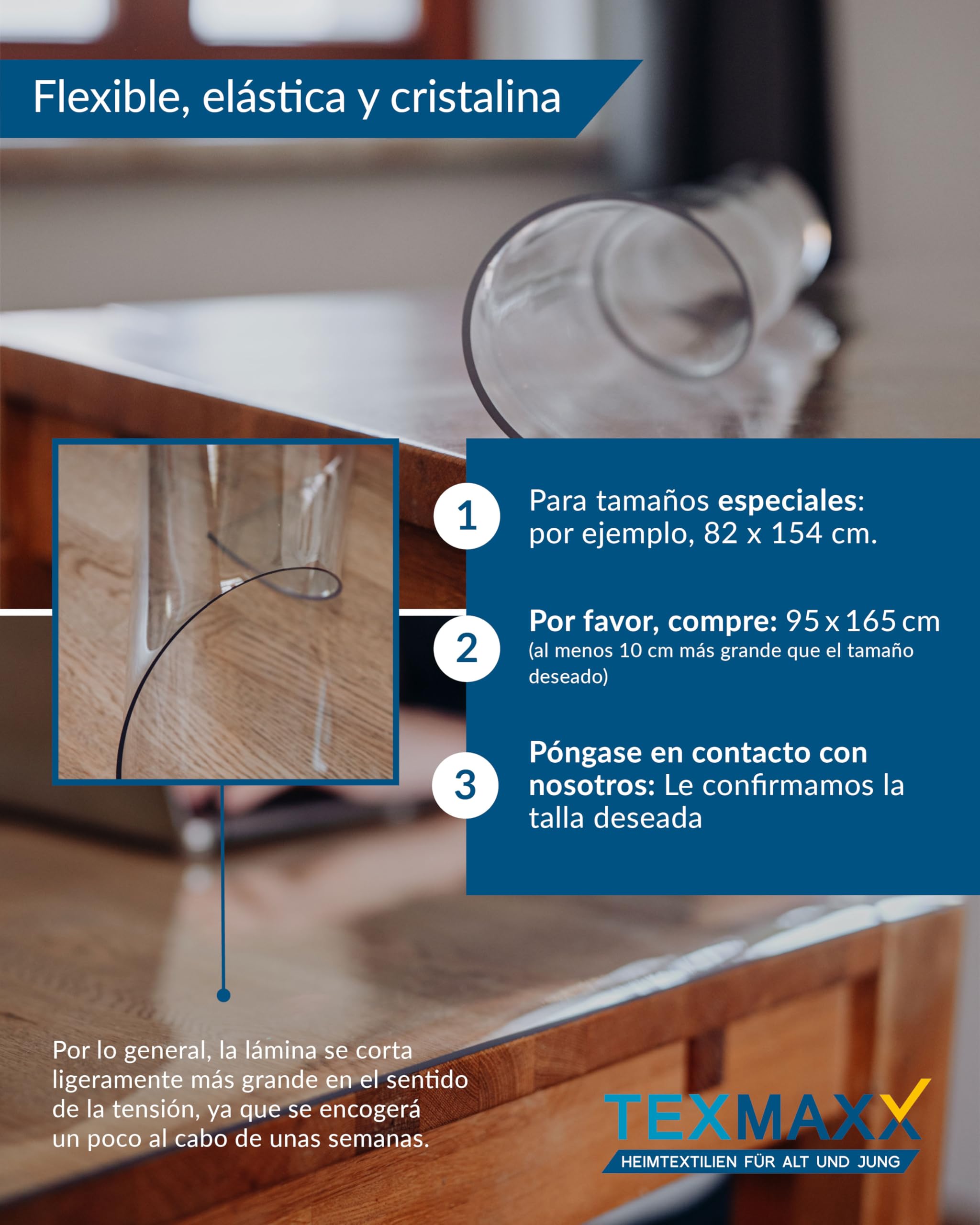TEXMAXX Protector de Mesa Transparente 2mm con Borde Recto - Diferentes Tamaños para Mesa, Escritorio y Encimera de PVC - 90 cm x 180 cm