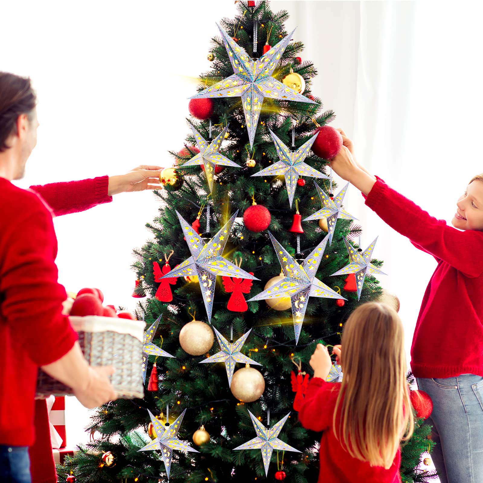 Juego de 20 faroles de estrella de papel de Navidad, 2 tamaños, 17.7 pulgadas, 11.8 pulgadas, adornos colgantes de Navidad, pantalla 3D, decoración colgante con 20 luces LED para Navidad, Año Nuevo,