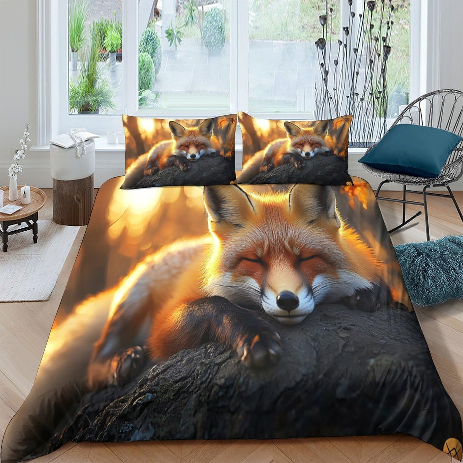 Ctjqhvkz Style-1 3D Printed Sleeping Fox Fitted Sheet Microfiber Soft Breathable Forest Sunset Mattress Cover For Bedroom Dorm Decor Single（135X200cm）