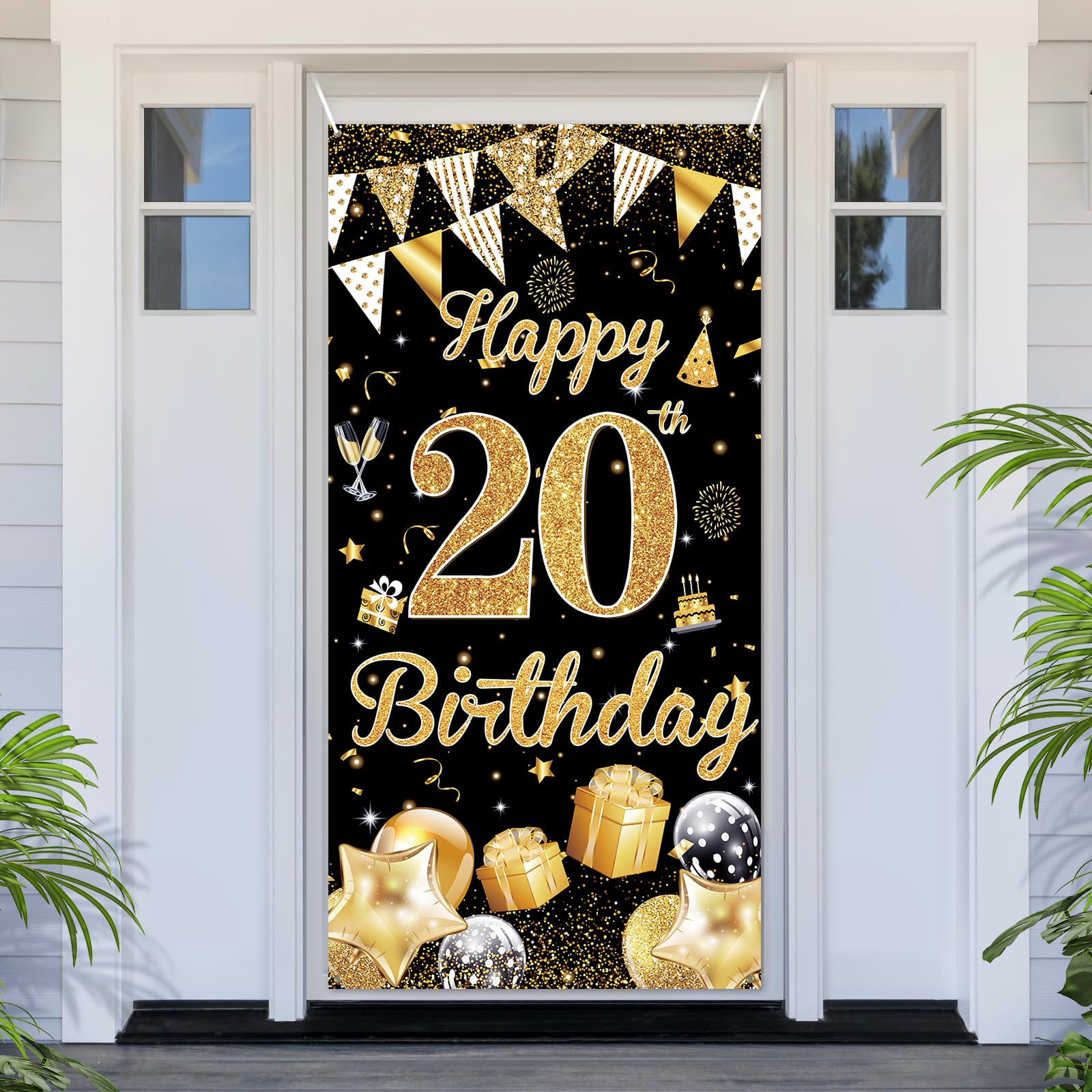 PartyYaa 20th Birthday Banner, Happy 20th Birthday Door Cover Decorations, Extra Large Black Gold Party Banner Photo Booth Decor Sign Poster for Indoor Outdoor