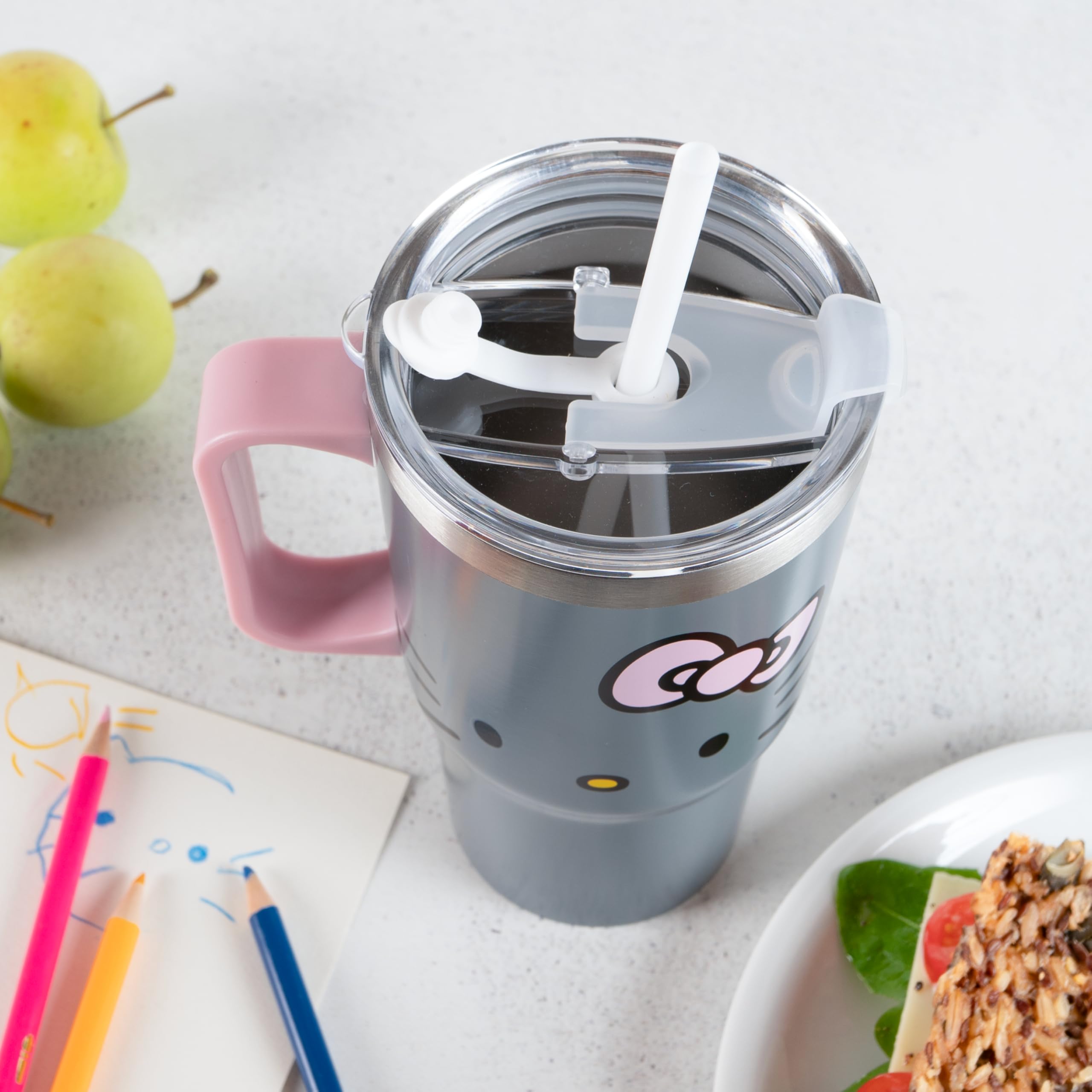 Hello Kitty - Vaso con tapa y pajita para niños, 540 ml, con asa, color gris, apto para bebidas frías