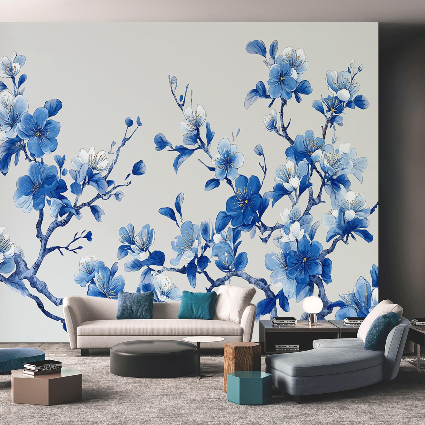 Blue and White Floral Mural Wallpaper, Chinoiserie Flower Wallpaper for Bedroom, Living Room, TV Backdrop, Office, Hotel Wall Background Decoration Non-Woven Wall Paper 300 x 210 cm (WxH) BV93