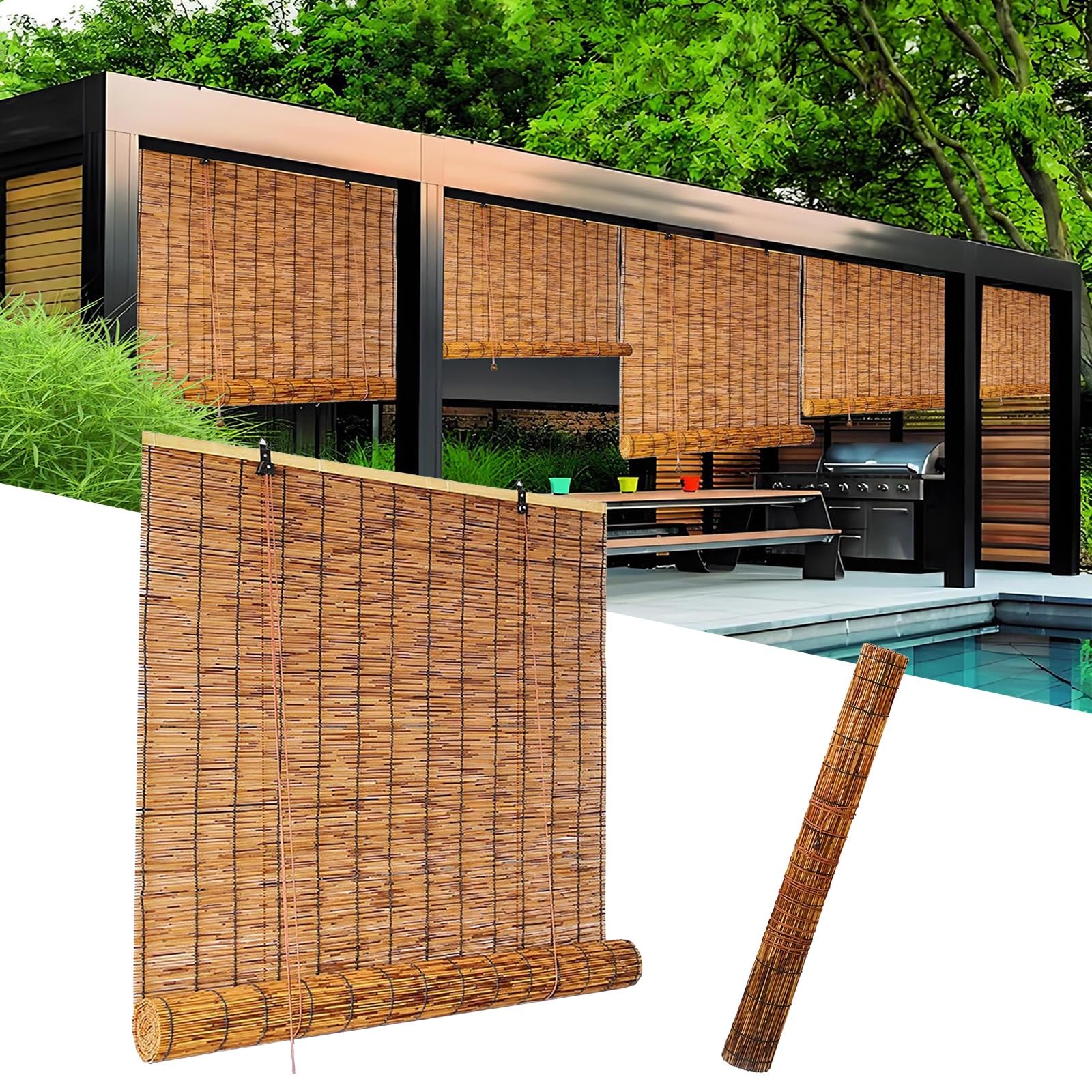 CMJYMX 50 To 150cm Retro Bamboo Roller Blind Roman Curtains For Patio Kitchen Reed Blinds For Windows Pergola Privacy Screen With Lift, Easy To Install(140x170CM/55x67IN(WxH))