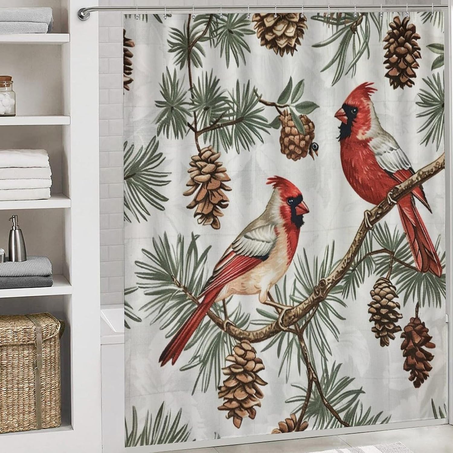 4Pcs Retro Pine Tree Shower Curtain Sets, Bath Mat and Rugs, Red Bird Pinecone Shower Curtain with Hooks for Bathroom