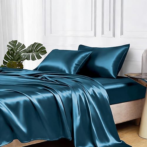 MR&HM Satin Bed Sheets, Twin XL Size Sheets Set, 3 Pcs Silky Bedding Set with 15 Inches Deep Pocket for Mattress (Twin XL, Teal)