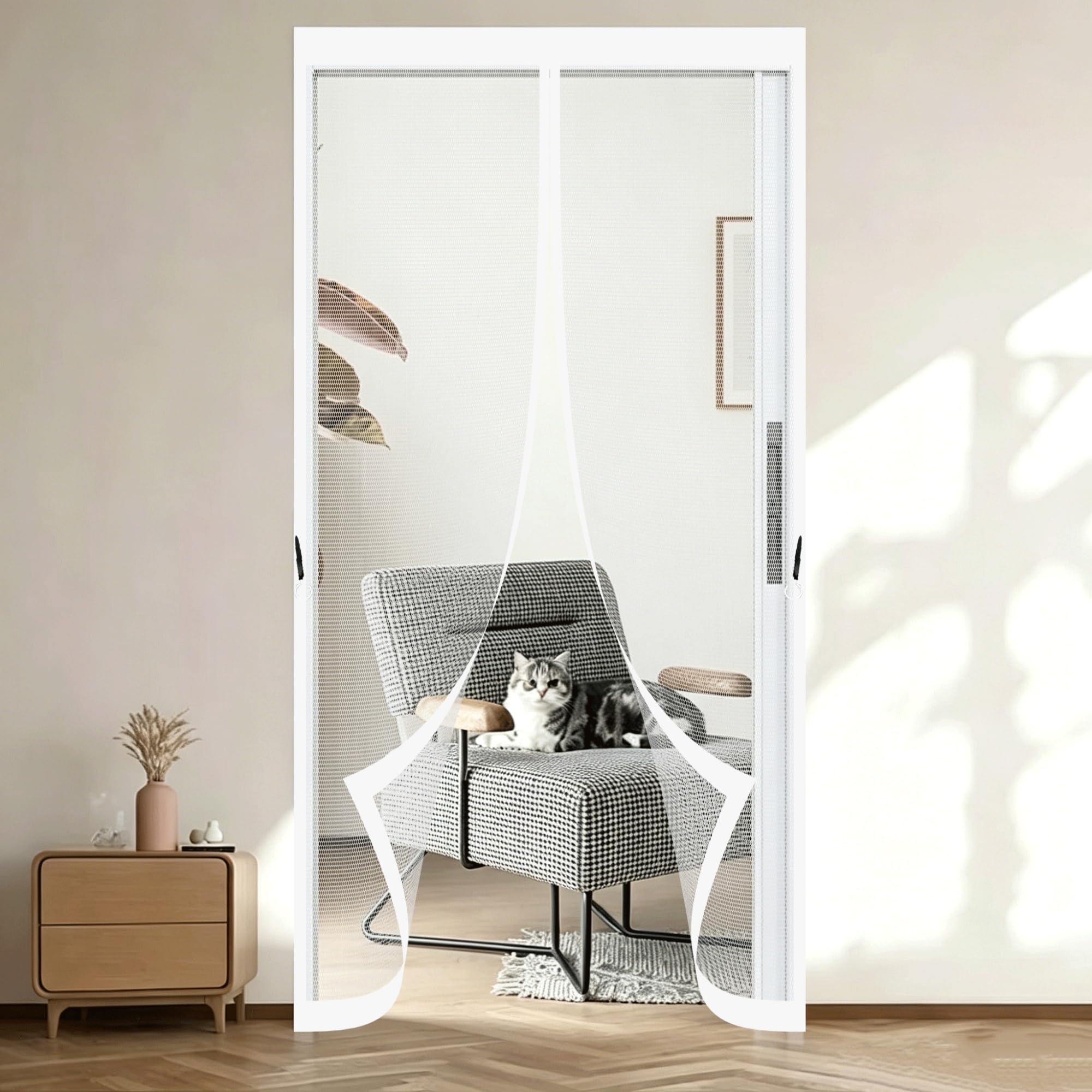 Pshzhim White Fly Screens Doors 88 X 183 Cm With Stay Open Buckles Magnetic Top-To-Bottom Seal Snaps Shuts Magnetic Fly Screens For Balcony, Patio, French, Sliding Doors,