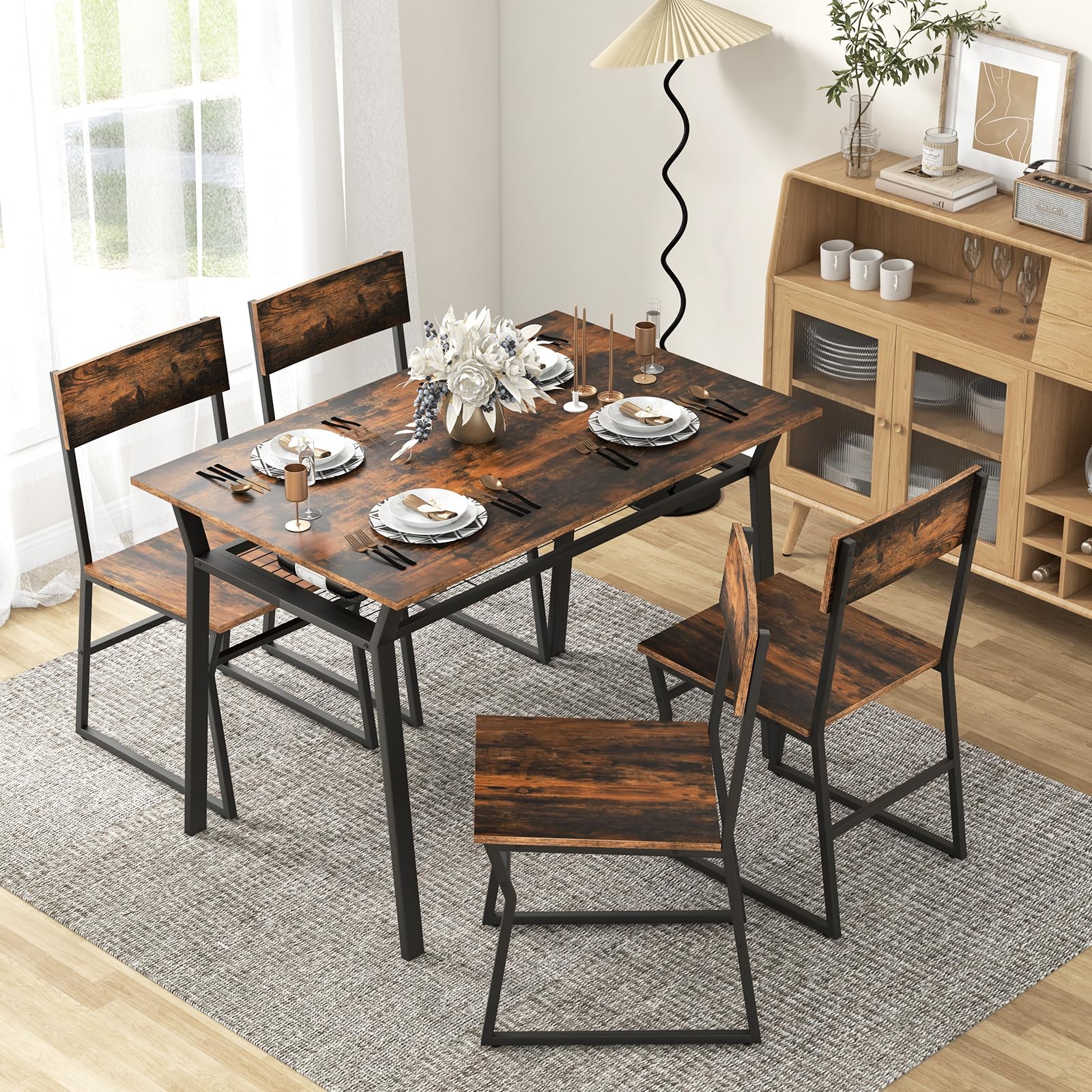 GIANTEX Essgruppe Esstisch mit 4 Stühlen, Esszimmergruppe Küchentisch Set für 4 Personen, Esszimmer Tisch Set Esstisch Metallrahmen, Esszimmergarnitur Sitzgruppe Industrie für Esszimmer Küche