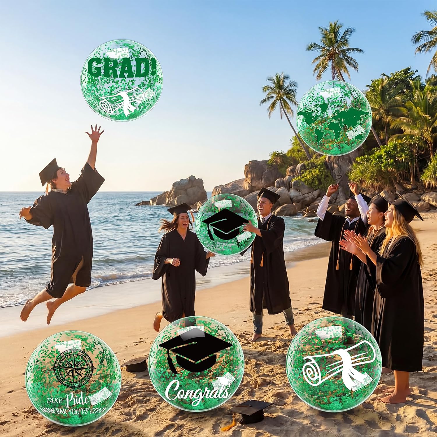 Hollowfly Green 10 Pcs 16 Inch Graduation Beach Balls Inflatable 2026 Grad Beach Ball Congrats Sign Bulk Confetti Glitter Blow up Pool Balls for Grad Swimming Graduation Party Supplies Favors