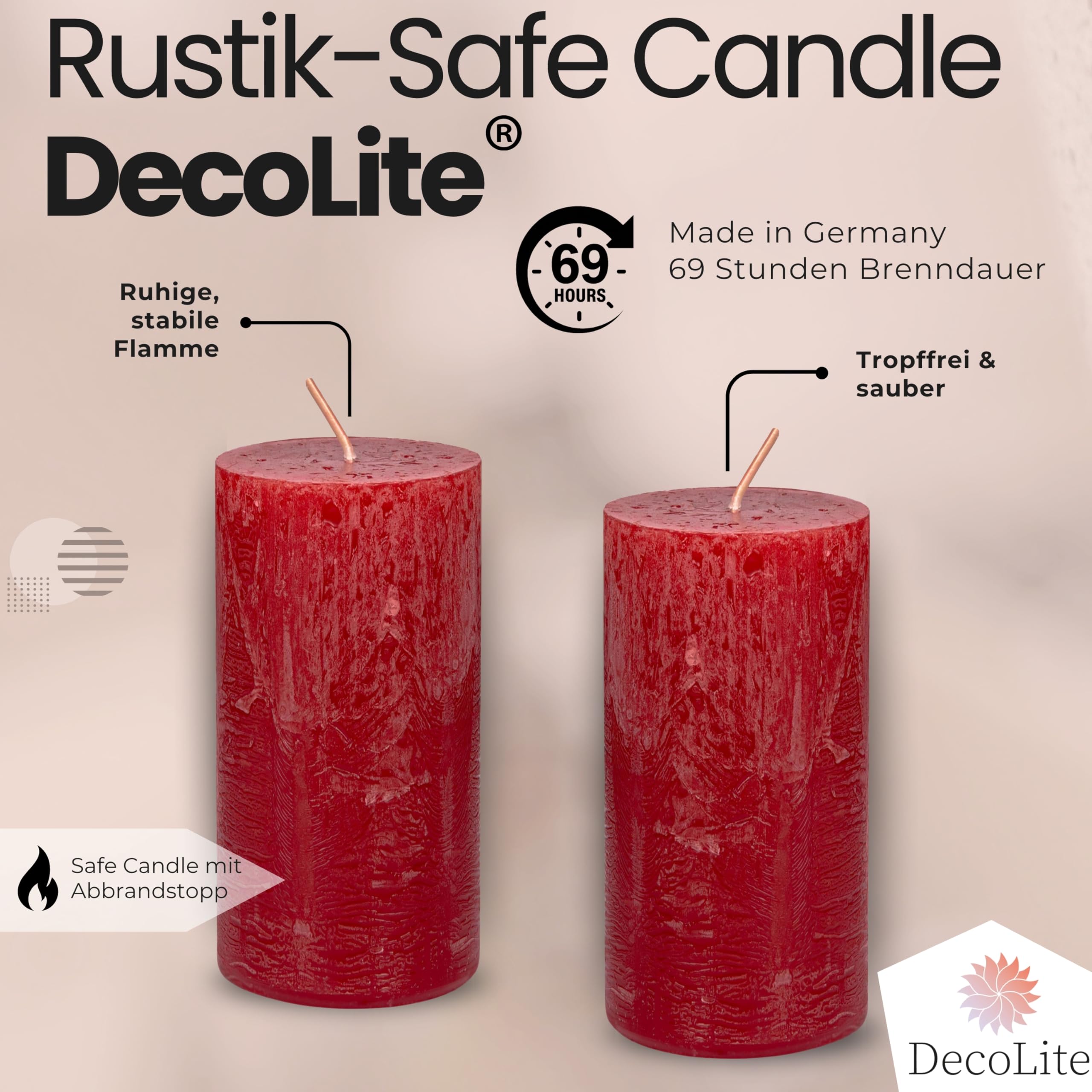 Candele a pilastro, rustiche, set da 4 pezzi, 140 x 70 mm, autoestinguenti, con certificazione RAL, durata circa 69 ore, prodotte in Germania, candele decorative rustiche (rosso)
