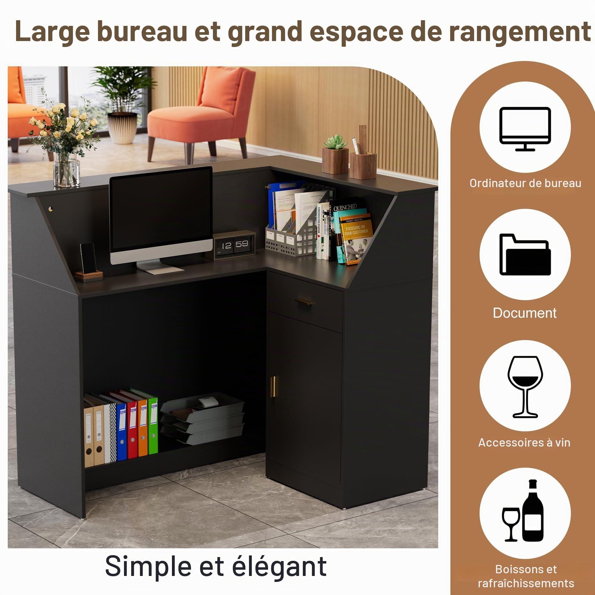 MSFE Comptoir de Réception avec LED, Moderner Comptoir Caisse Comptoir Accueil avec Tiroir et Armoire et étagère D'exposition Comptoirs Caisse Salon de Coiffure,Bureau,Boutique, 126x93x111cm (Noir)