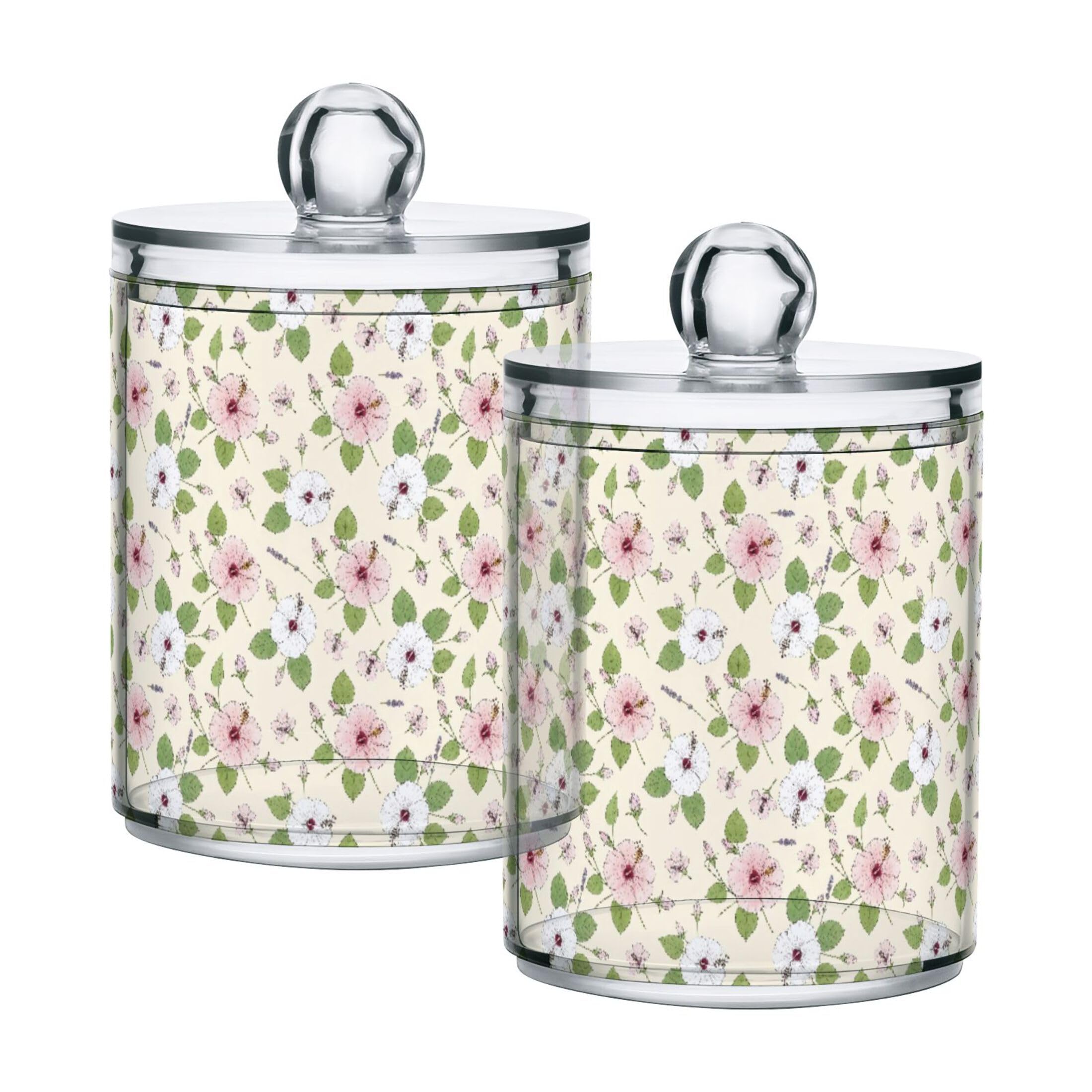 Fuauuyl Hibiscus Qtip Holder Dispenser 2 Pack Plastic Apothecary Jar Storage Organization Bathroom Vanity Makeup Storage Organization For Cotton Ball Swab Pad