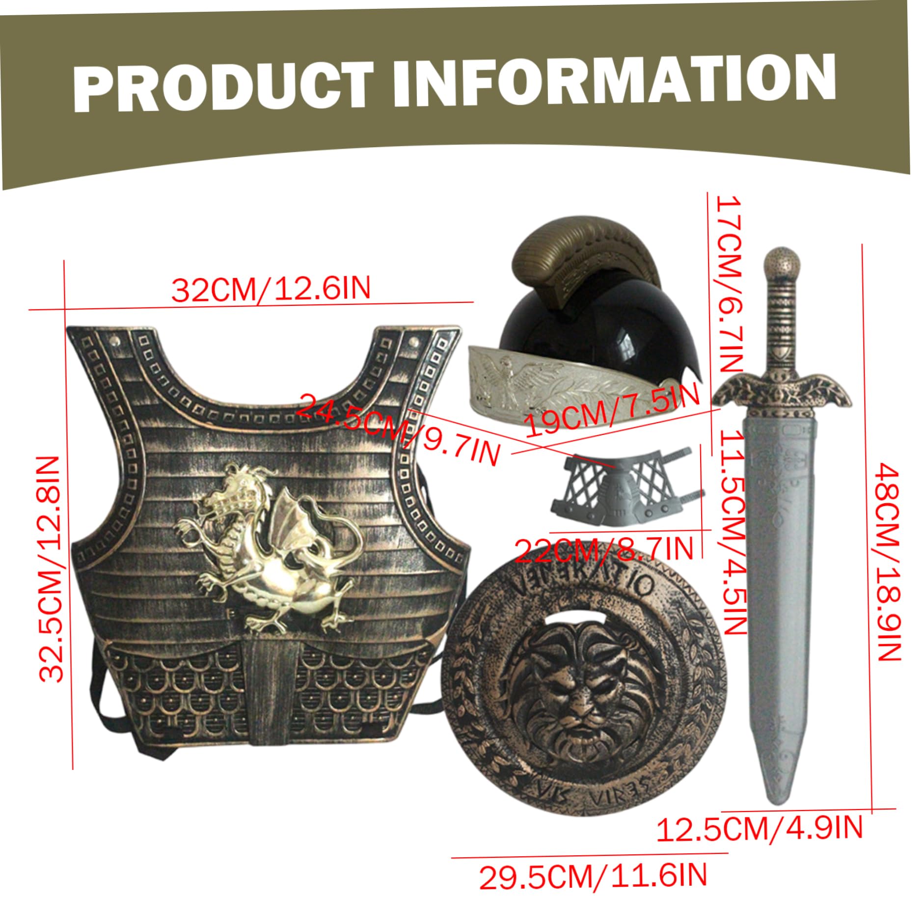 Costume da cavaliere per bambini, modello drago, armatura da cavaliere medievale, include casco, scudo, spada, protezioni per i polsi e armatura per giochi di ruolo cosplay di Halloween, 5 pezzi