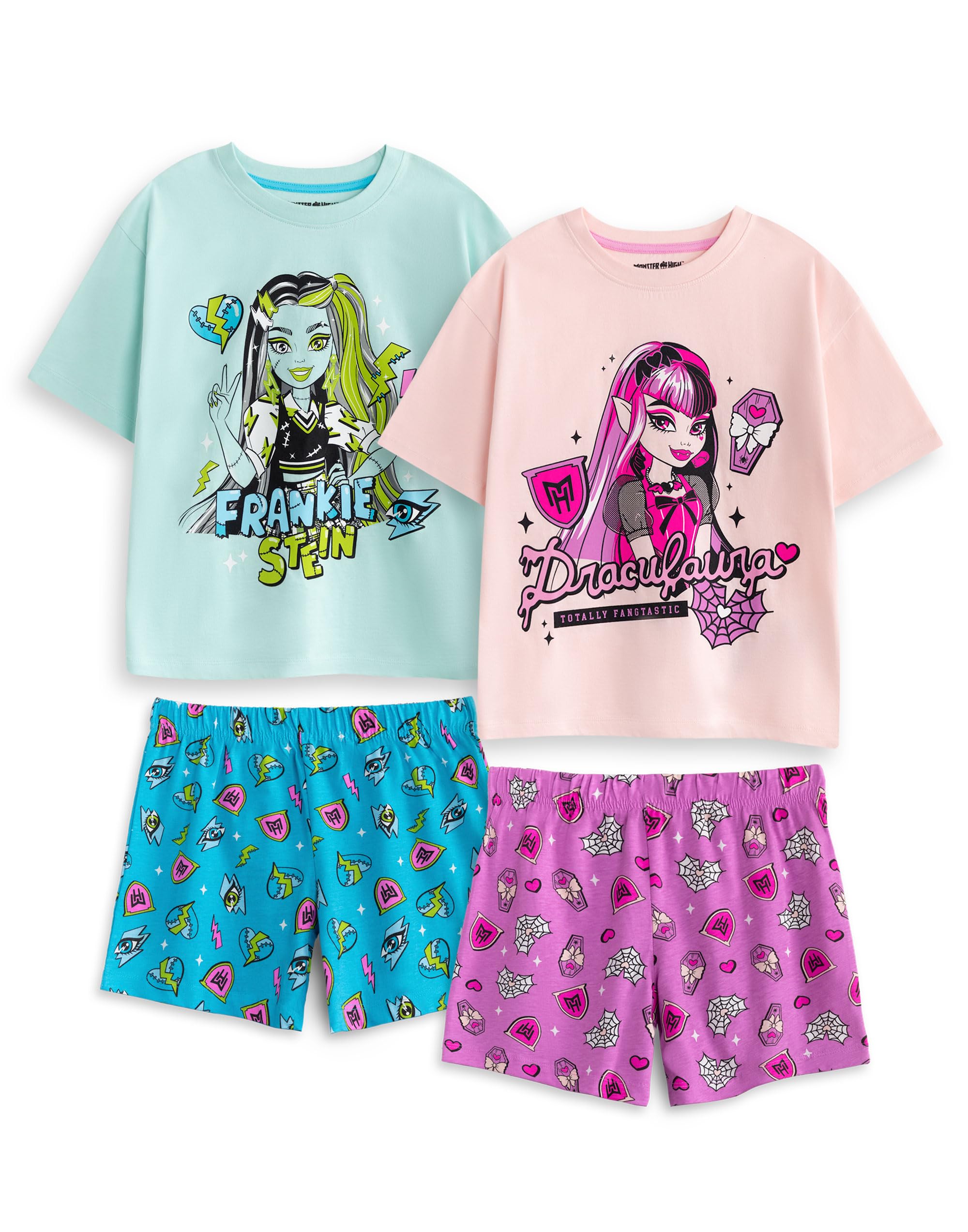 Monster High Girls Multicoloured Pyjama Set | Blue Frankie Stein & Pink Draculaura Short Sleeve Short Leg Sleepwear | Multi-Pack Of 2 Cartoon Pjs With All Over Print | Kids Nightwear - 5-6 Years