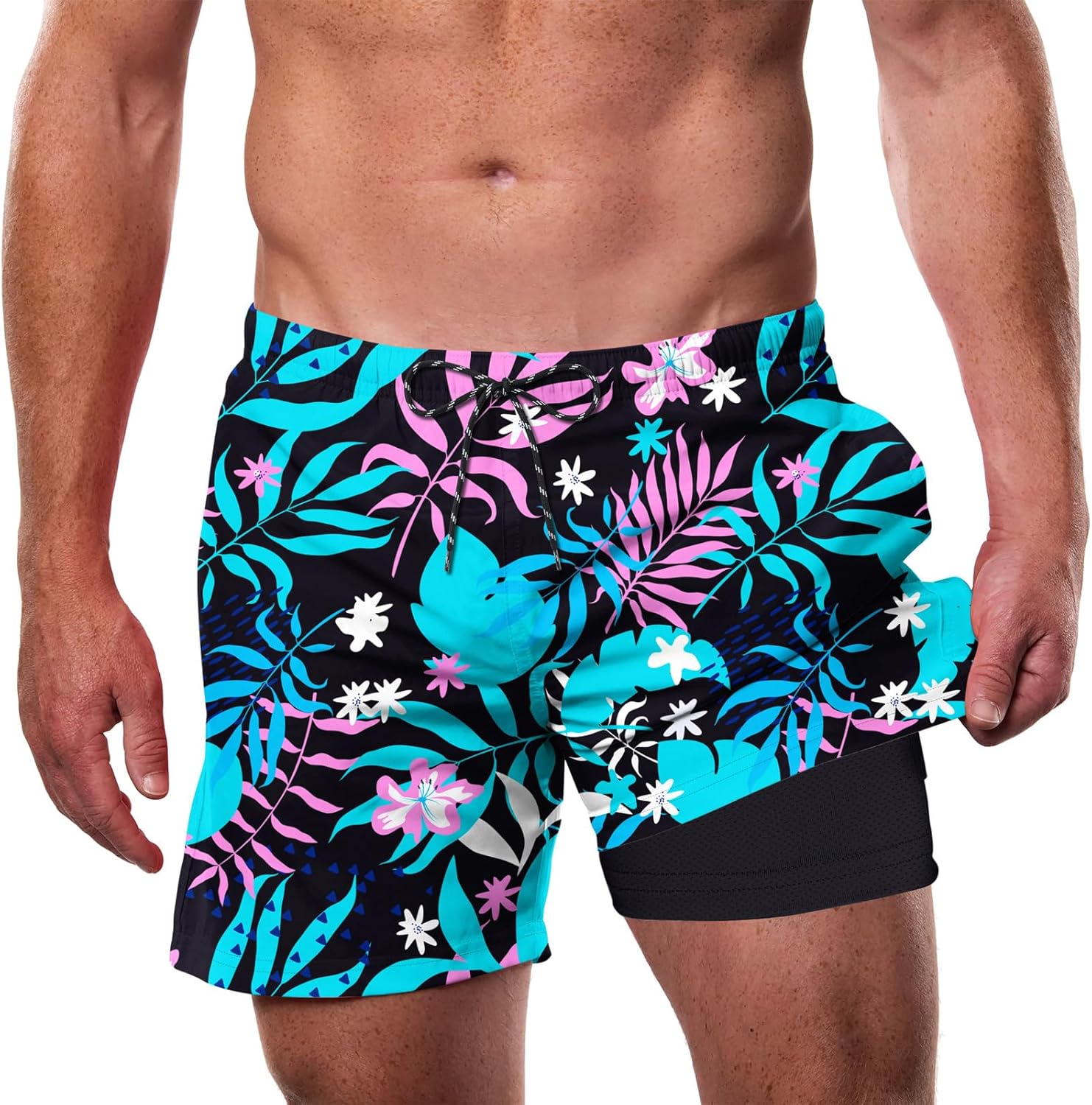 Cozople Mens Swim Trunks with Compression Liner 5.5" Inseam Quick Dry Bathing Suit Lightweight Swimming Shorts