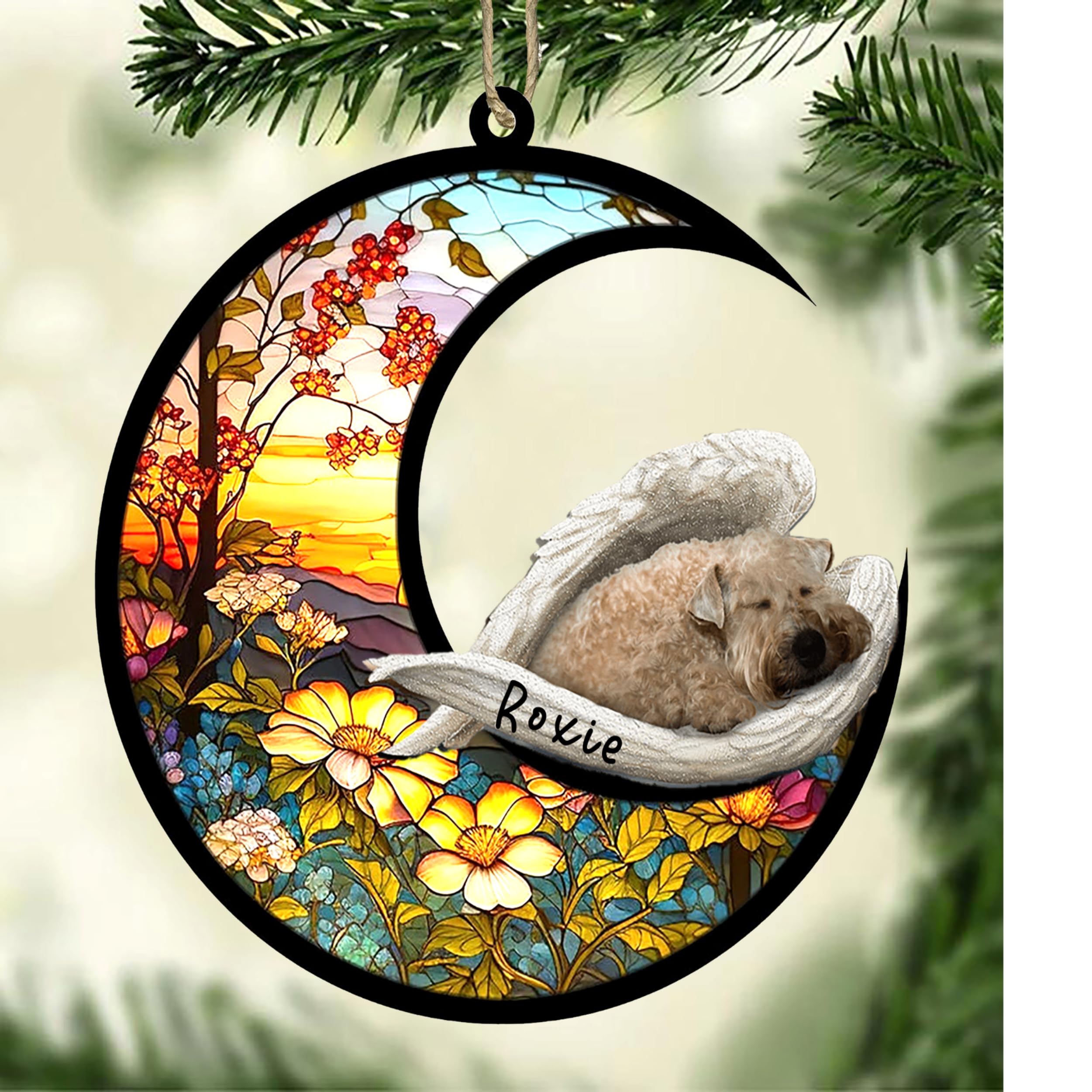 Personalized Wheaten Terrier Dog Memorial Suncatcher, Wheaten Terrier Christmas Ornament with Name, Pet Loss Catcher, Gifts for Dog Lovers Loss of Dog, Wheaten Terrier Sleep on Haven