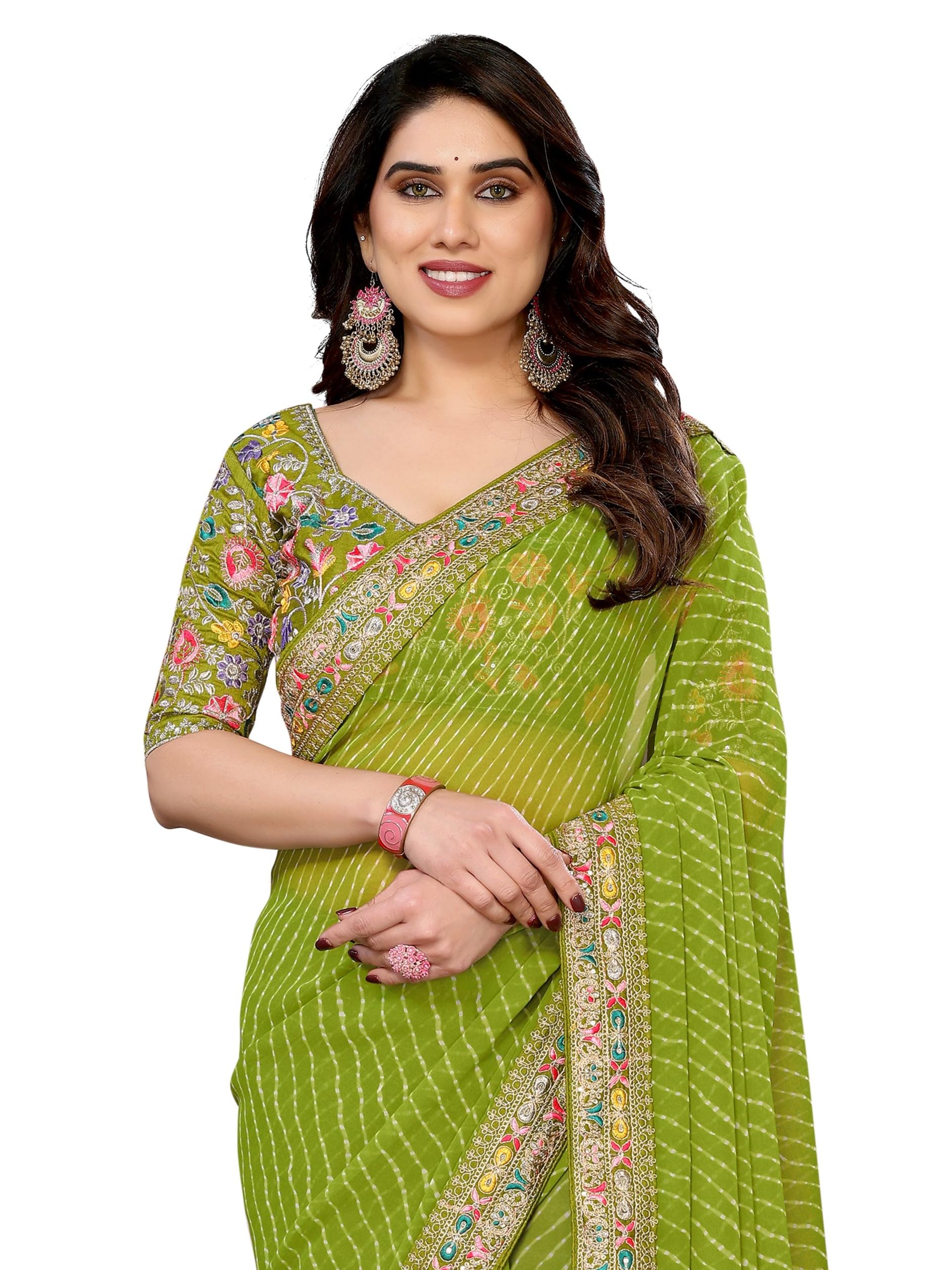 Women Soft Georgette Leheriya Embroidery Saree With Unstiched Blouse(6253)-image-37