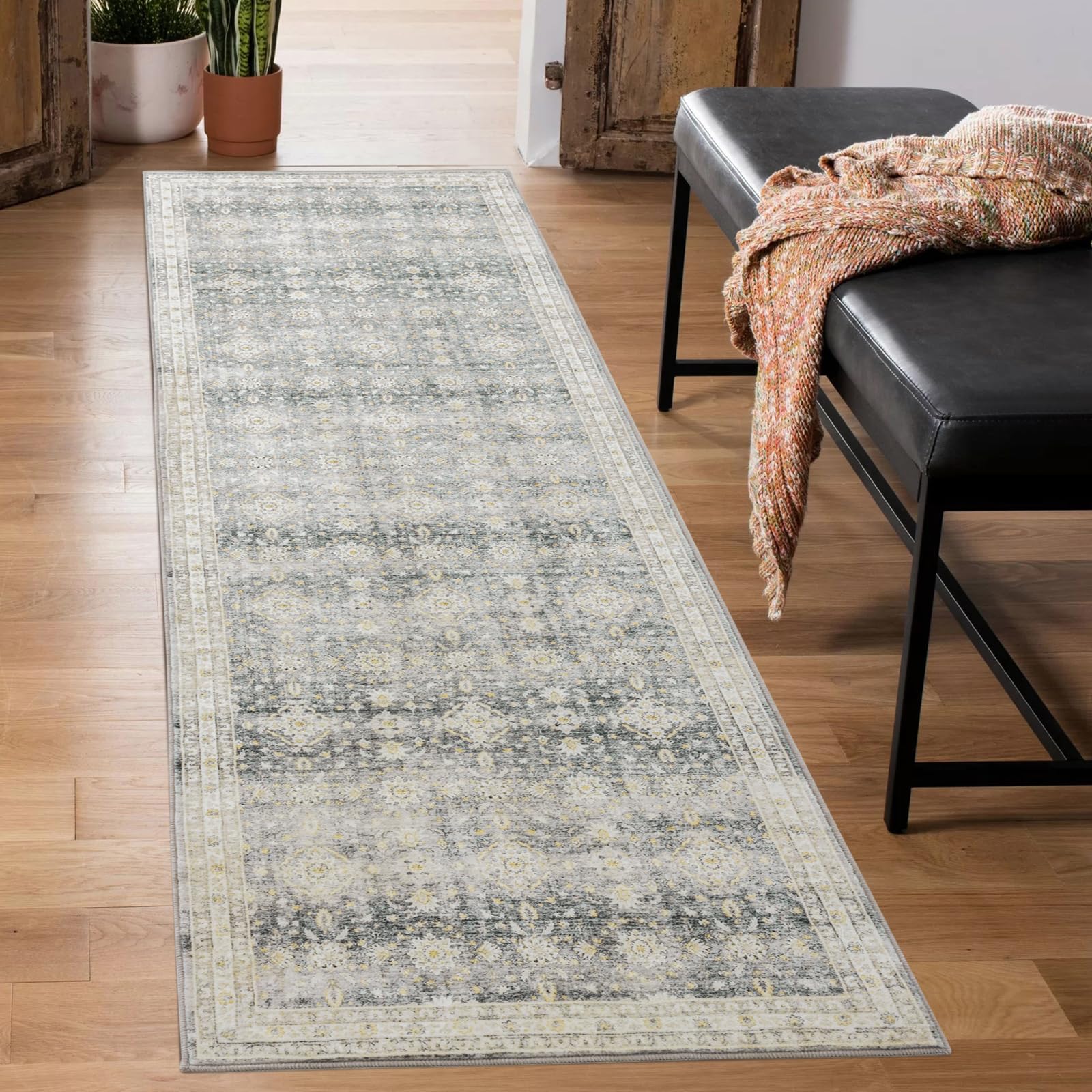 Carvapet Alfombras de Pasillo 60x210cm Alfombra Corredor Antideslizante Larga Alfombras de área Lavable Suave Microfibra Flores Alfombra Comedor Pasillo(Gris)