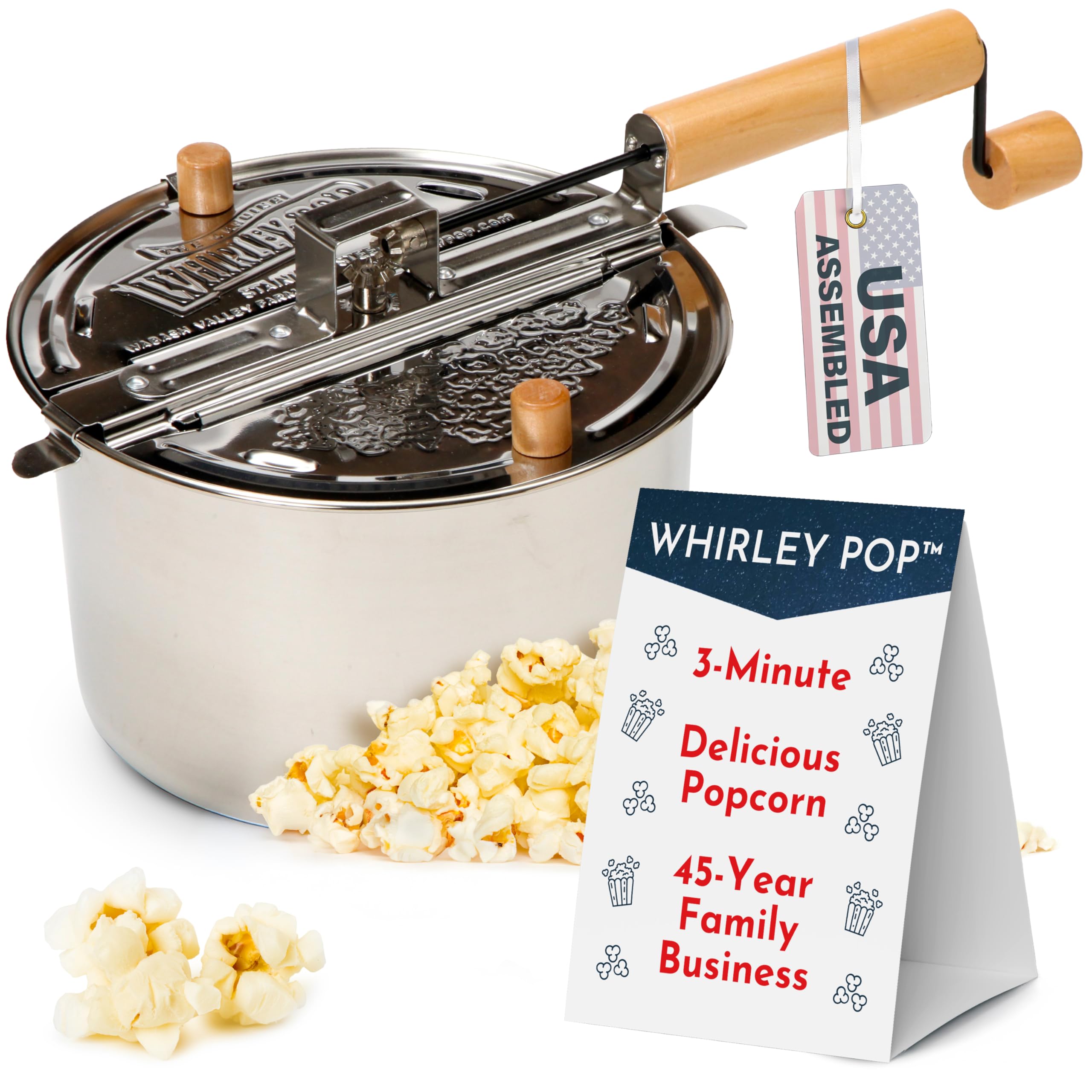 Original Whirley Pop Popcorn Maker - 6 Quart Popcorn Popper, Metal Gears, Wabash Valley Farms Stove Top, Gourmet Popcorn Pot, Culinary Popcorn Popper (Stainless Steel)