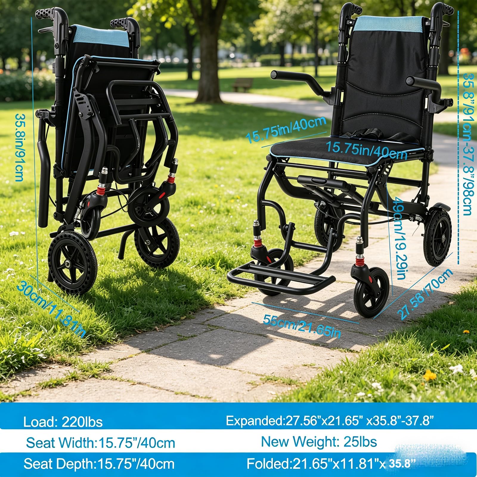 Fauteuil Roulant pliable léger, avec manche télescopique, Hauteur réglable,Poids 11kg, pliable, Holds 100kg, Largeur Max 55cm étroit pour les personnes âgées, Voyage