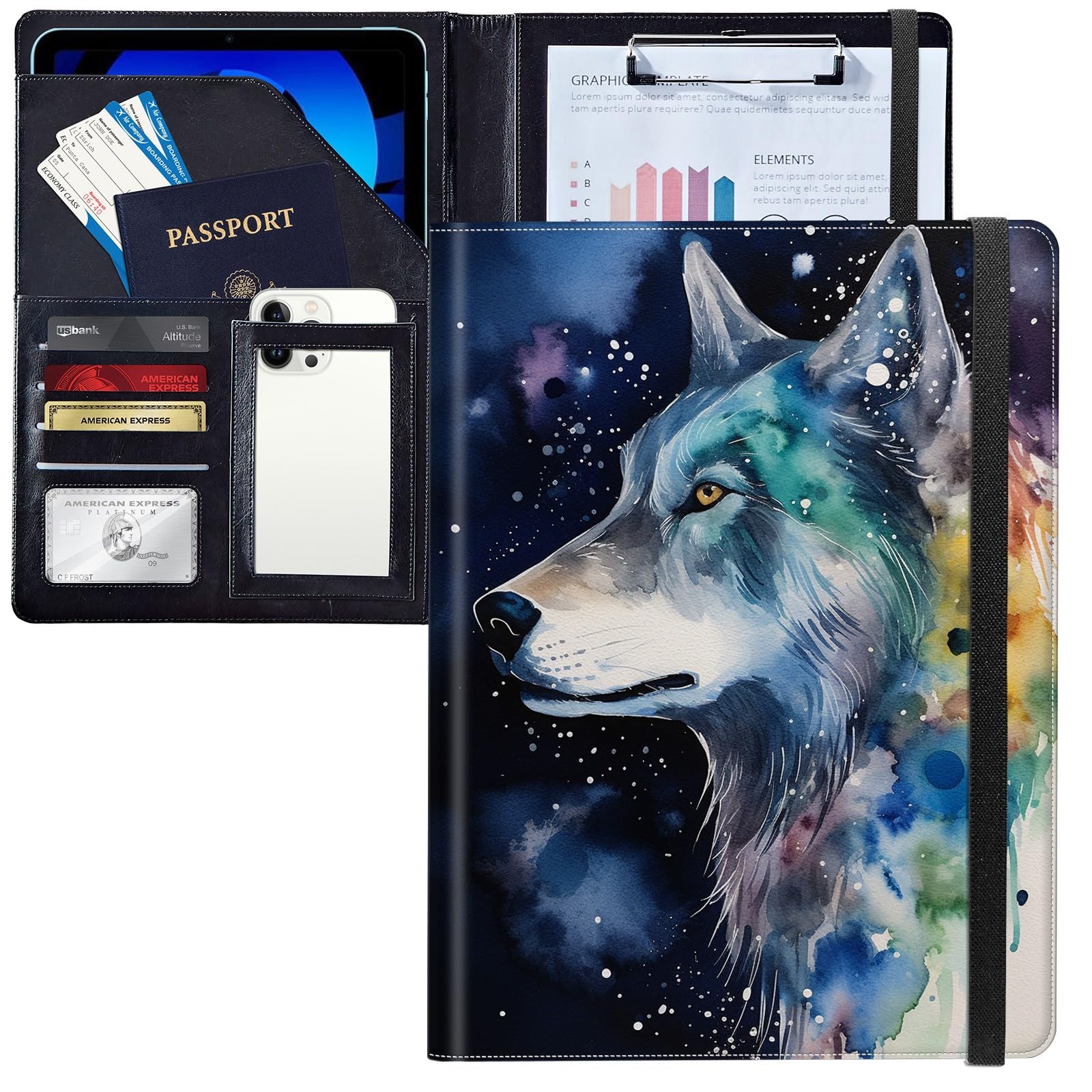 JANENFNA Oilpainting Wolf B Padfolio Portfolio Leather Binder, Resume Portfolio Folder with Elastic Band, Conference/Legal Document Organizer with A4 Size Clipboard, 4 Card Holder