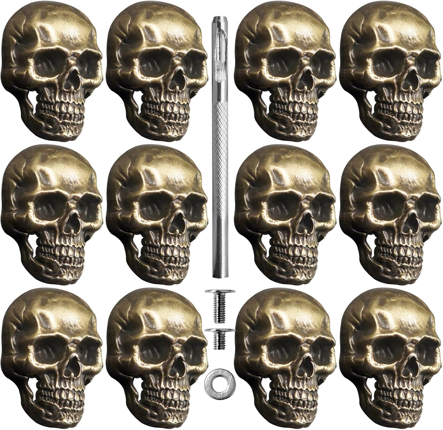 Sanyeyufeng 12Pcs Skull Rivets Buttons Skeleton Stud Goth Mental Conchos Pins for Leather Craft, Leather Belts, Shoes, Bags, Fabric DIY (Brass Color)