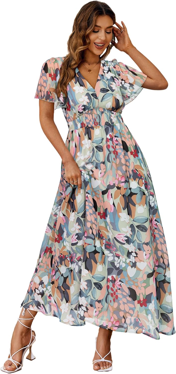 Simplee Women's Boho Floral Maxi Dress Flowy Casual V Neck Short Sleeve Wedding Guest Holiday Beach Long Dress
