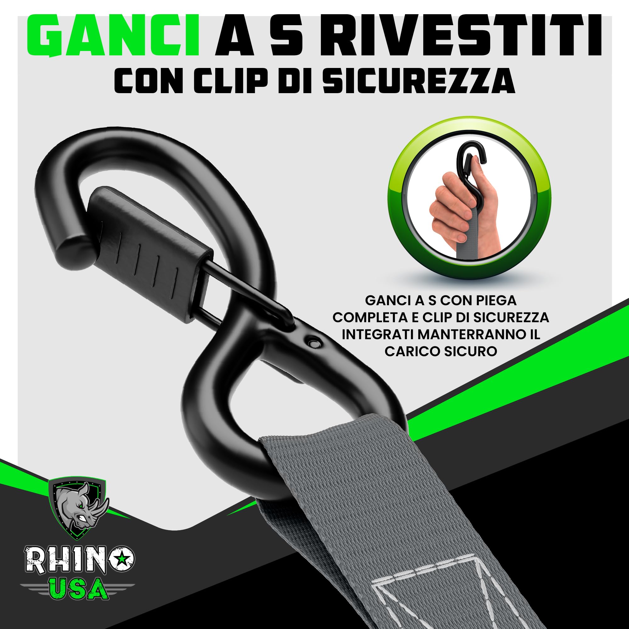 Cinghie A Cricchetto Rhino USA Per Moto - 2 Pezzi Da 1000kg - Ganci A S Con Sicura - Verde - Foto 8