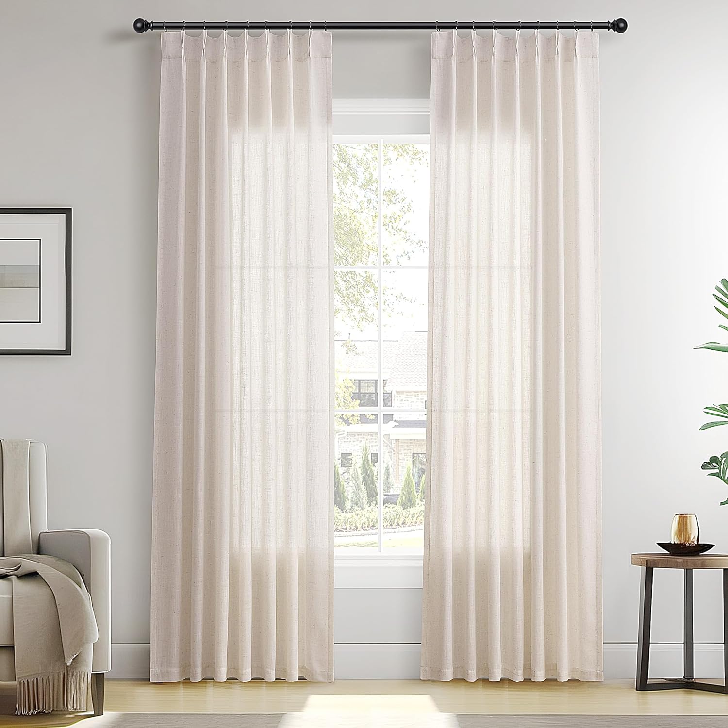 Light Beige Linen Curtains 84 Inches Long 2 Panels Set Back Tab Natural Pinch Pleated Cotton Blended Textured Semi Sheer Curtains Light Filtering Boho Pleat Drapes for Living Room Bedroom 40X84