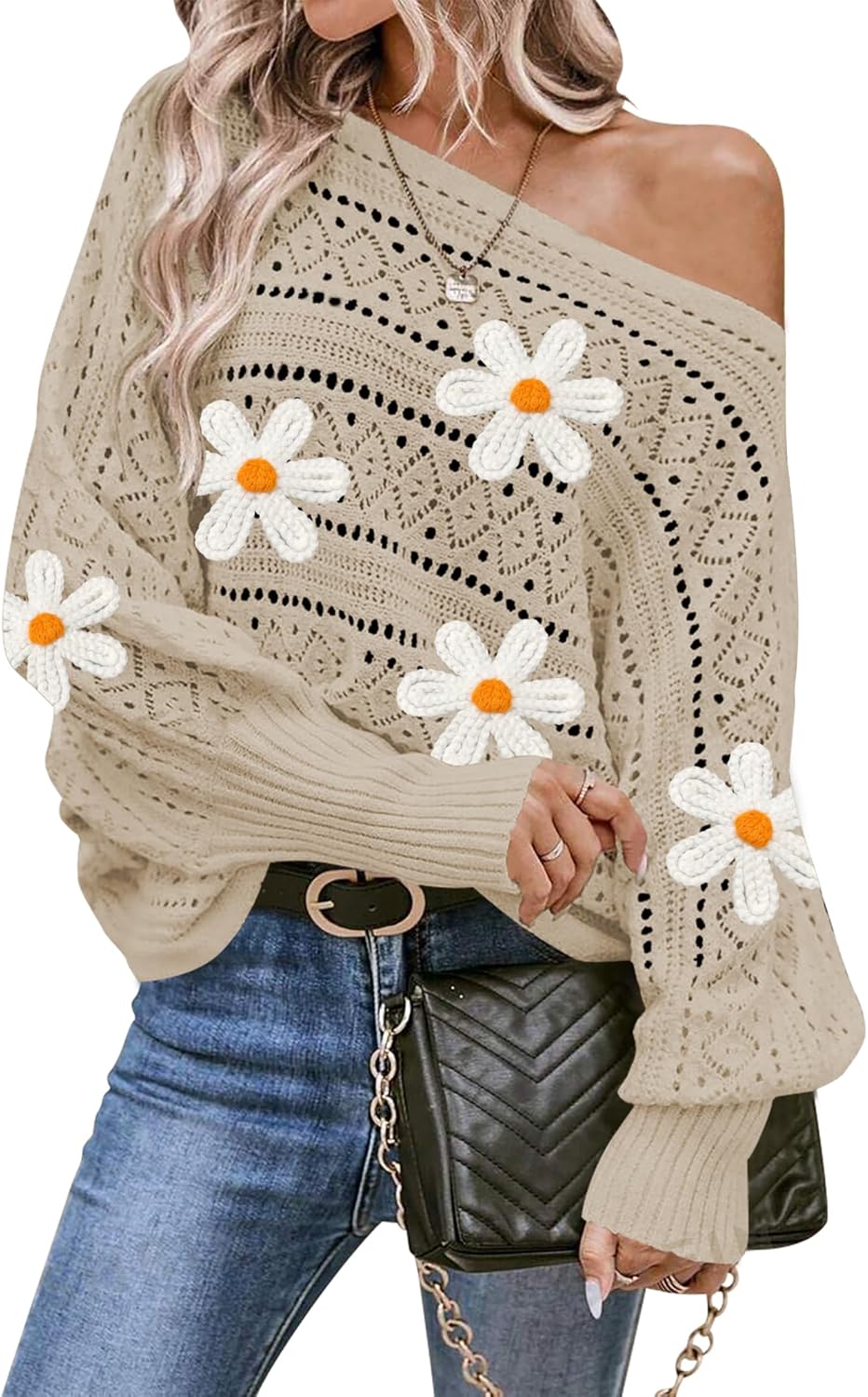 Cakulo Womens Off Shoulder Sweater Top Fall Outfits Fashion 2025 Oversized Knit Batwing Long Sleeve Crochet Pullover Sweaters