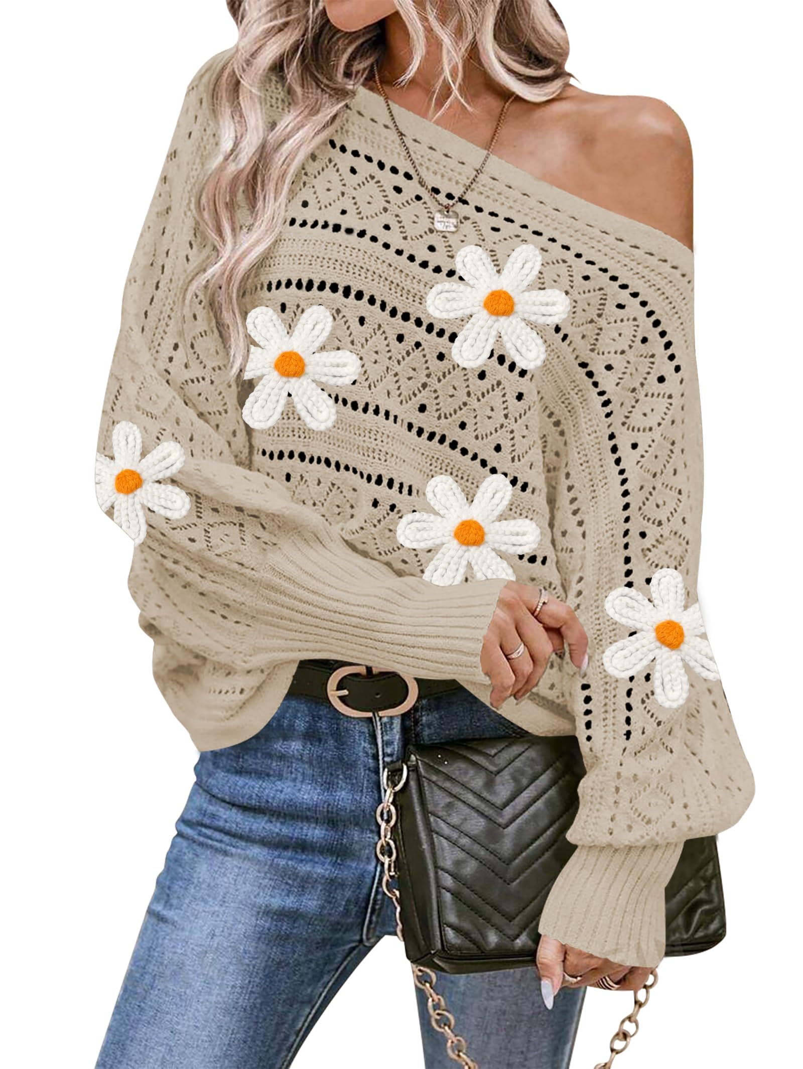 Cakulo Womens Off Shoulder Sweater Top Fall Outfits 2025 Oversized Knit Batwing Long Sleeve Crochet Sweaters Flower Khaki M