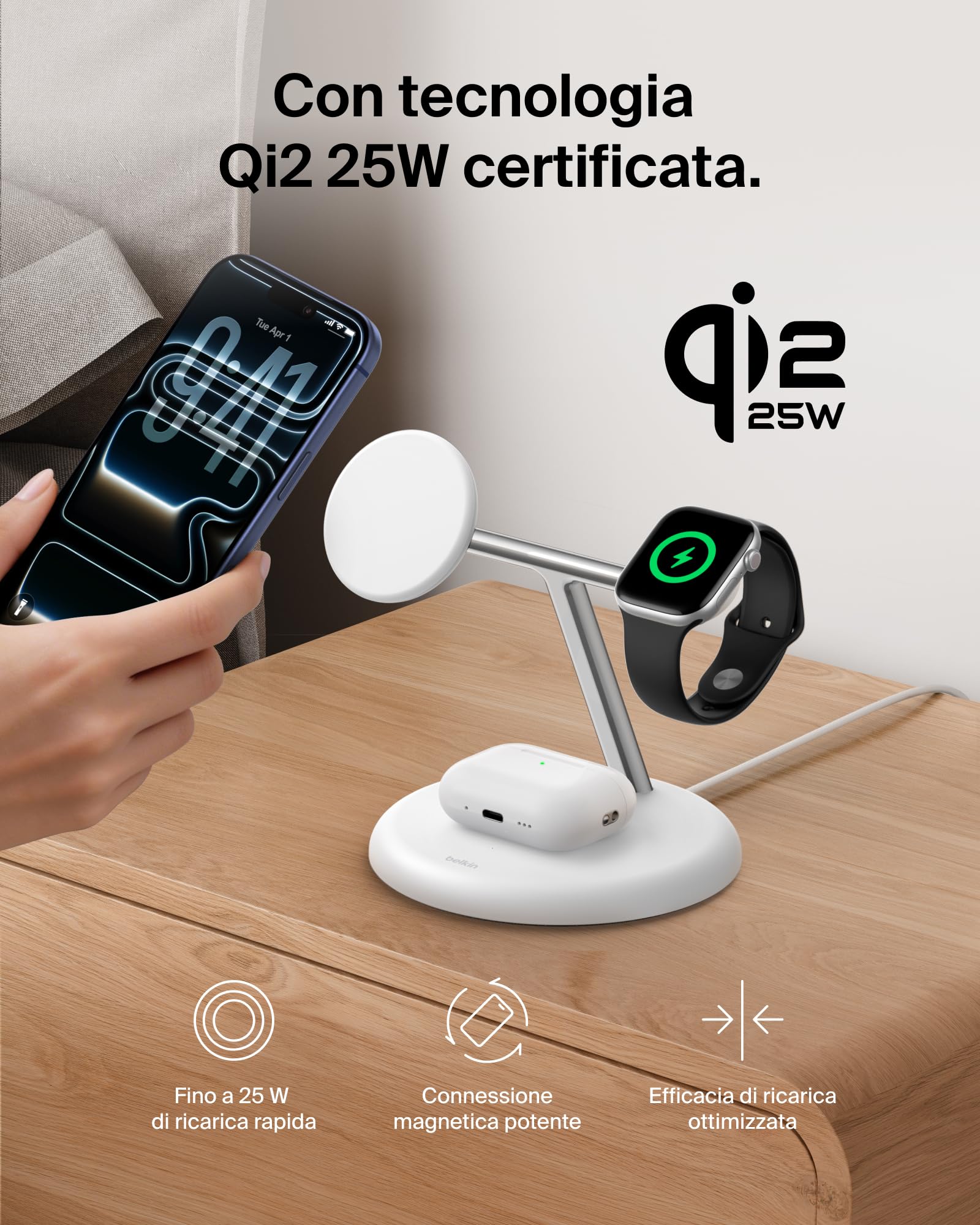 Belkin UltraCharge Caricatore Wireless Qi2.2 25W 3 in 1 - Bianco | Caricatore Wireless Magnetico MagSafe, Certificato Qi2.2 per iPhone, Apple Watch, Auricolari, Cavo USB-C e Alimentatore 45W