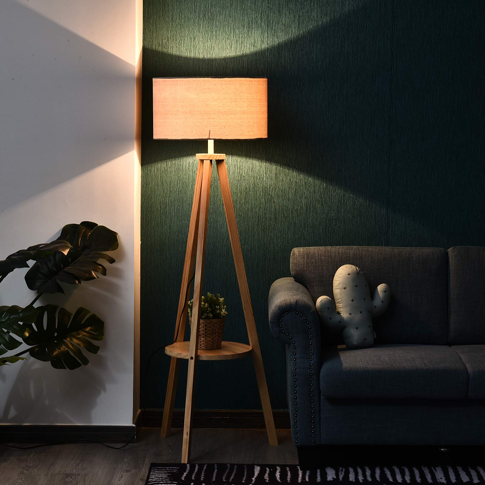HOMCOM Lámpara de Pie Trípode con Estante Pantalla de Lino Beige y Natural | Lámpara de Salón, Interruptor de Pie, para Sala de Estar, Oficina, Dormitorio