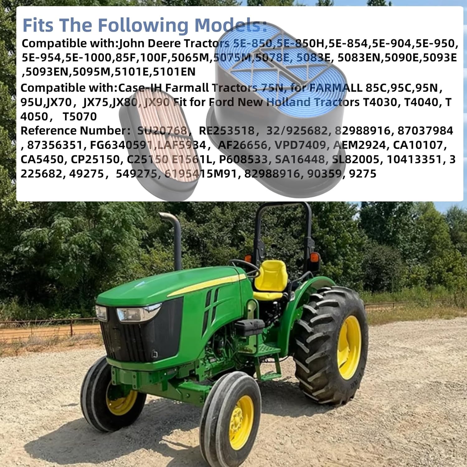 SU20768 RE253518 Air Filter Compatible With John Deere 5065M 5075M 5095M for Ford New Holland T4030 T4040 T4050 T5070 Replace LAF5934 FG6340591 87037984
