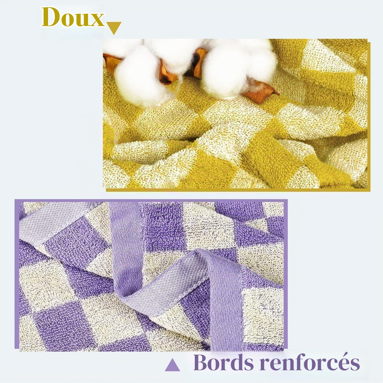 Jacquotha Lot de 2 grandes serviettes de bain à carreaux jaunes et lilas, douces et colorées, pour salle de bain, spa, grandes serviettes de douche de 140 x 69,8 cm, fines à séchage rapide pour plage,