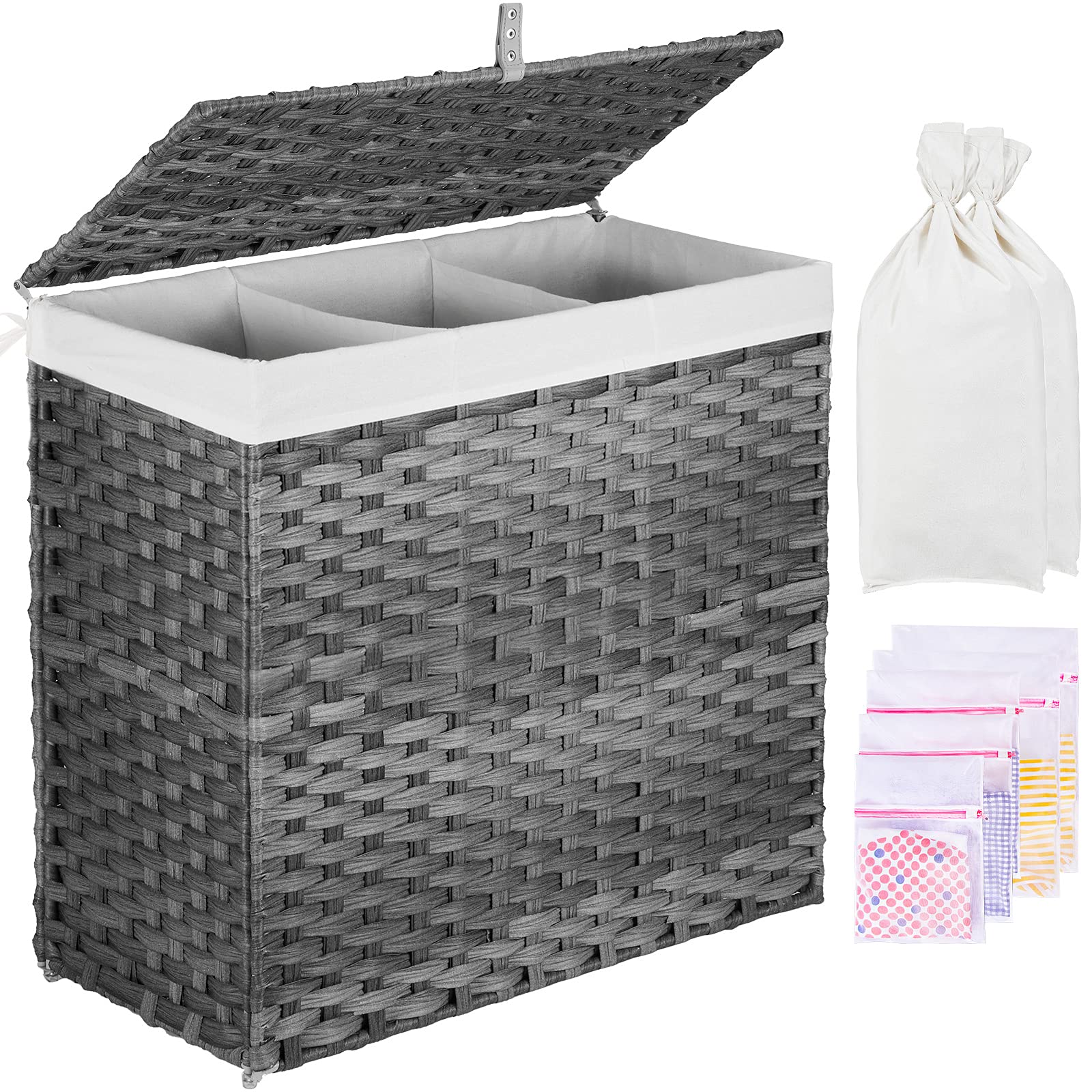 GREENSTELL Laundry Hamper with Lid, 125L Large 3 Sections Clothes Hamper with 2 Removable Liner Bags & 5 Mesh Laundry Bags, Handwoven Synthetic Rattan Divided Laundry Basket for Clothes, Toys Gray