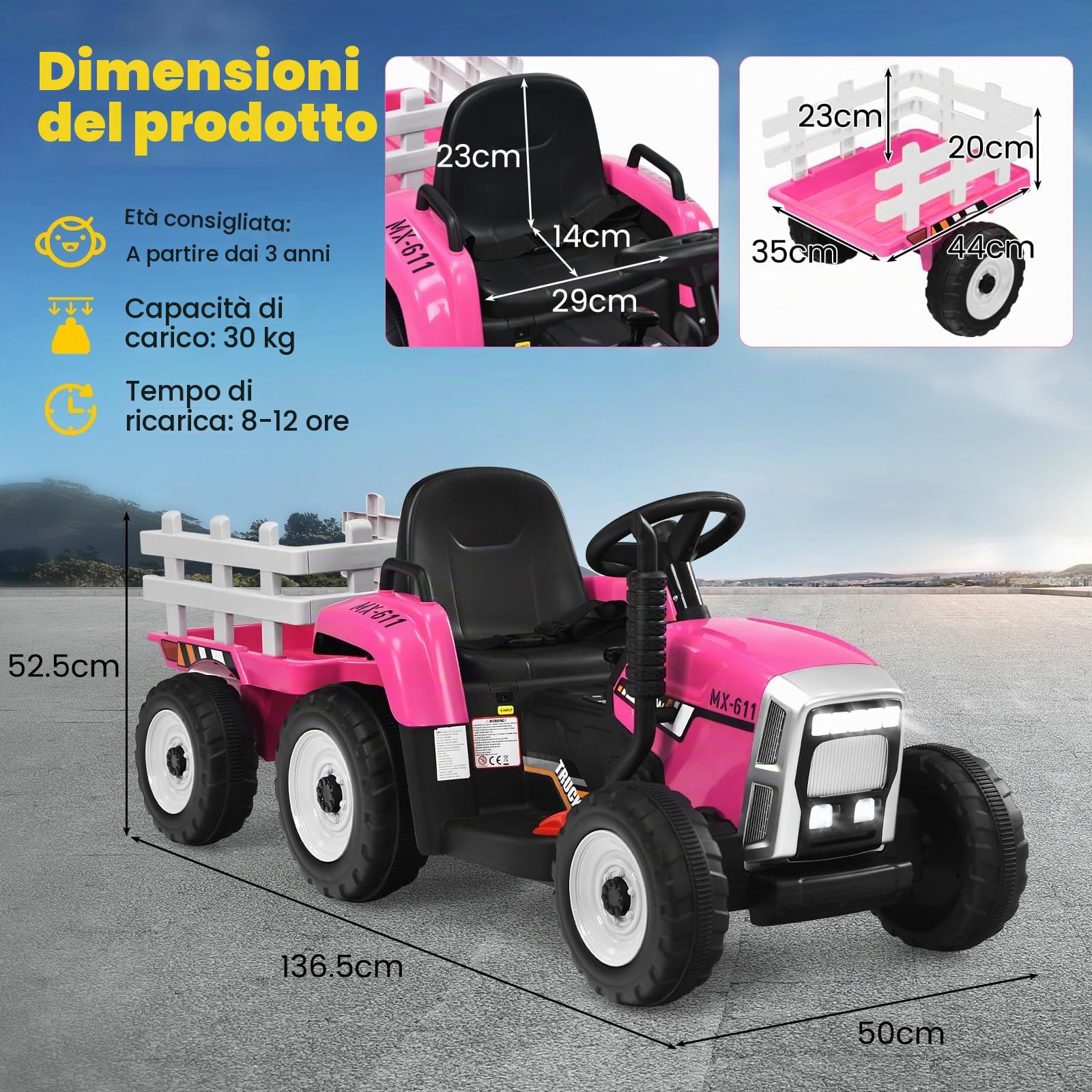 RELAX4LIFE Trattore Cavalcabile Elettrico per Bambini 12V a Batteria Ricaricabile con Telecomandato, Acceleratore a Pedale, Luci e Suoni e Rimorchio Rimovibile, 134 x 51 x 53 cm, Rosa
