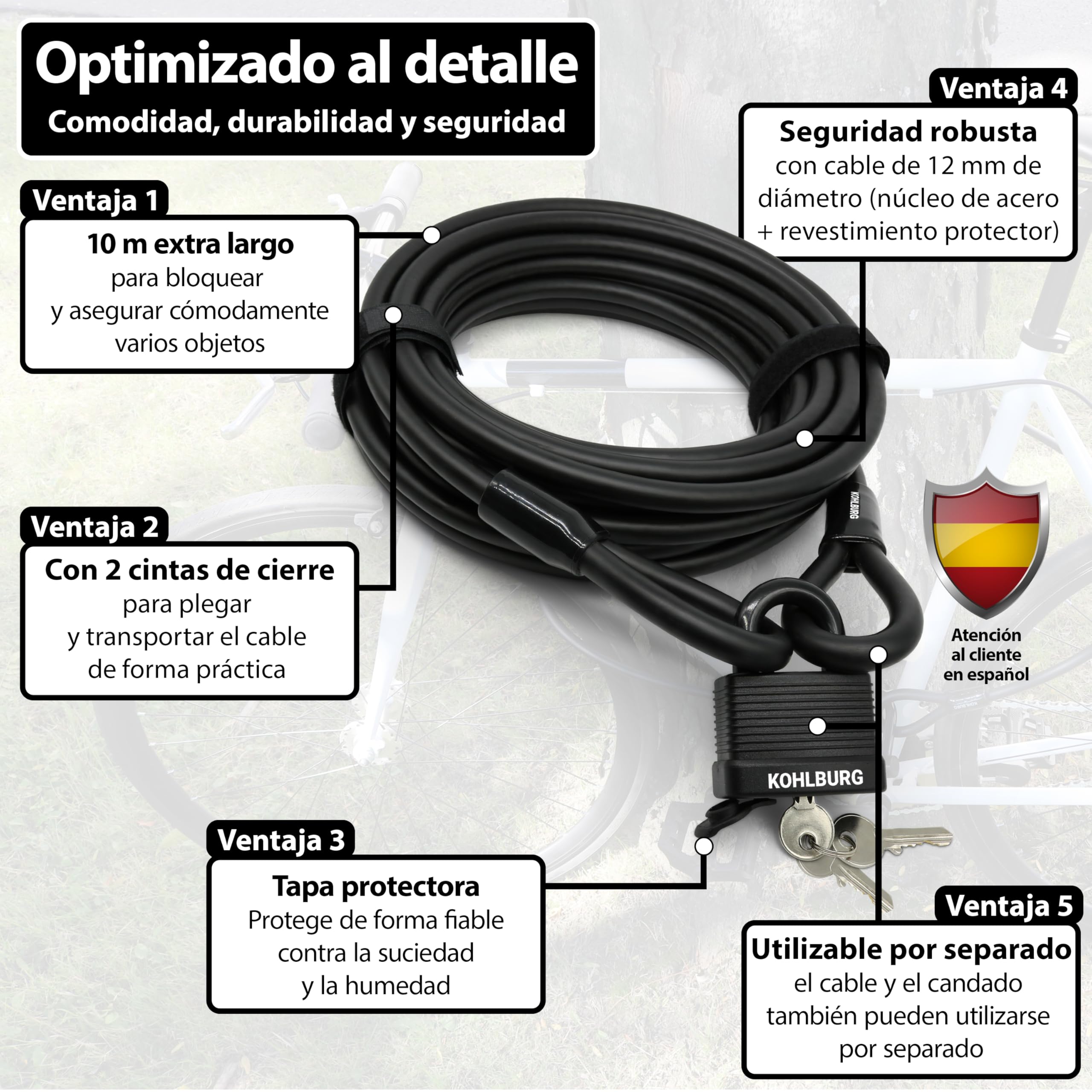 KOHLBURG Candado de cable antirrobo de 10 m, de acero, con 3 llaves – de cierre rápido, 1000 cm con bucle para bicicleta, candado patinete electrico, remolque, cochecito, muebles de jardín y barcos