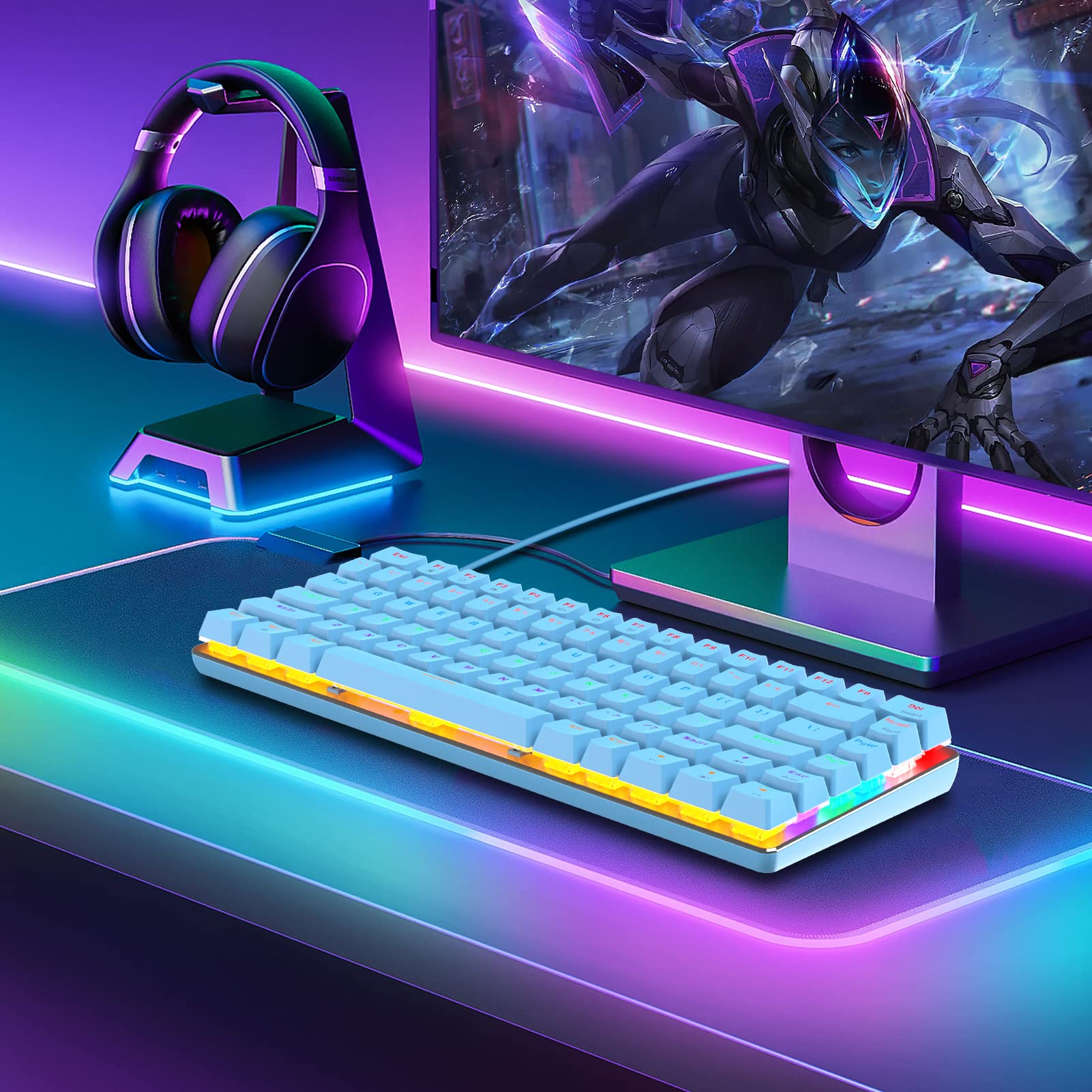 Teclado mecánico de Juego con Cable 82 Teclas y Adaptador, 80% retroiluminación LED Arco Iris interruptores Azul Teclado Anti-Fantasma para Windows Mac Linux PC PS4 Xbox N-Switch Consola Gamers, Azul