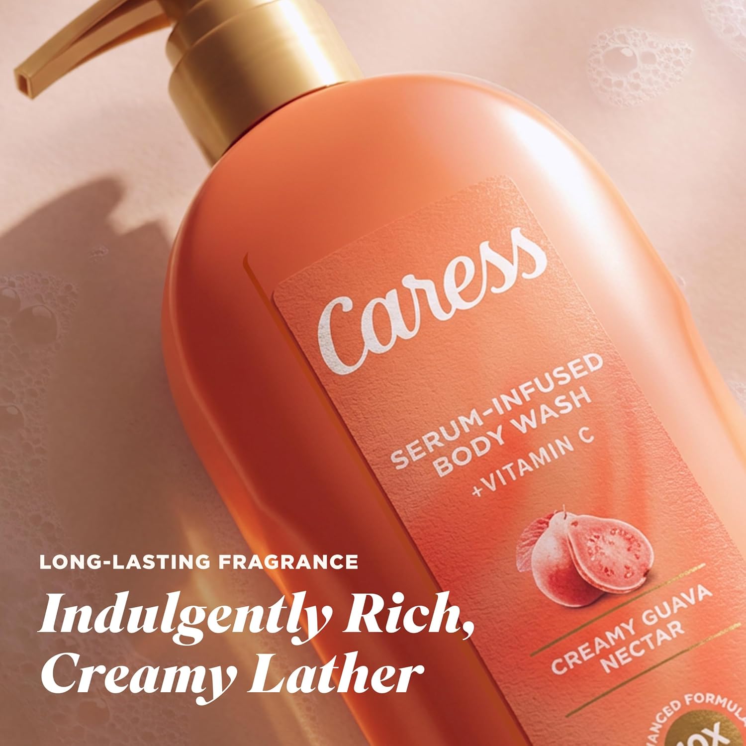 Caress Creamy Guava Nectar Moisturizing Body Wash with Pump, Serum-Infused Formula with Vitamin C, Fruity Citrus Woody Long Lasting Fragrance, Dermatologist Tested, 20 fl oz (4 Pack)