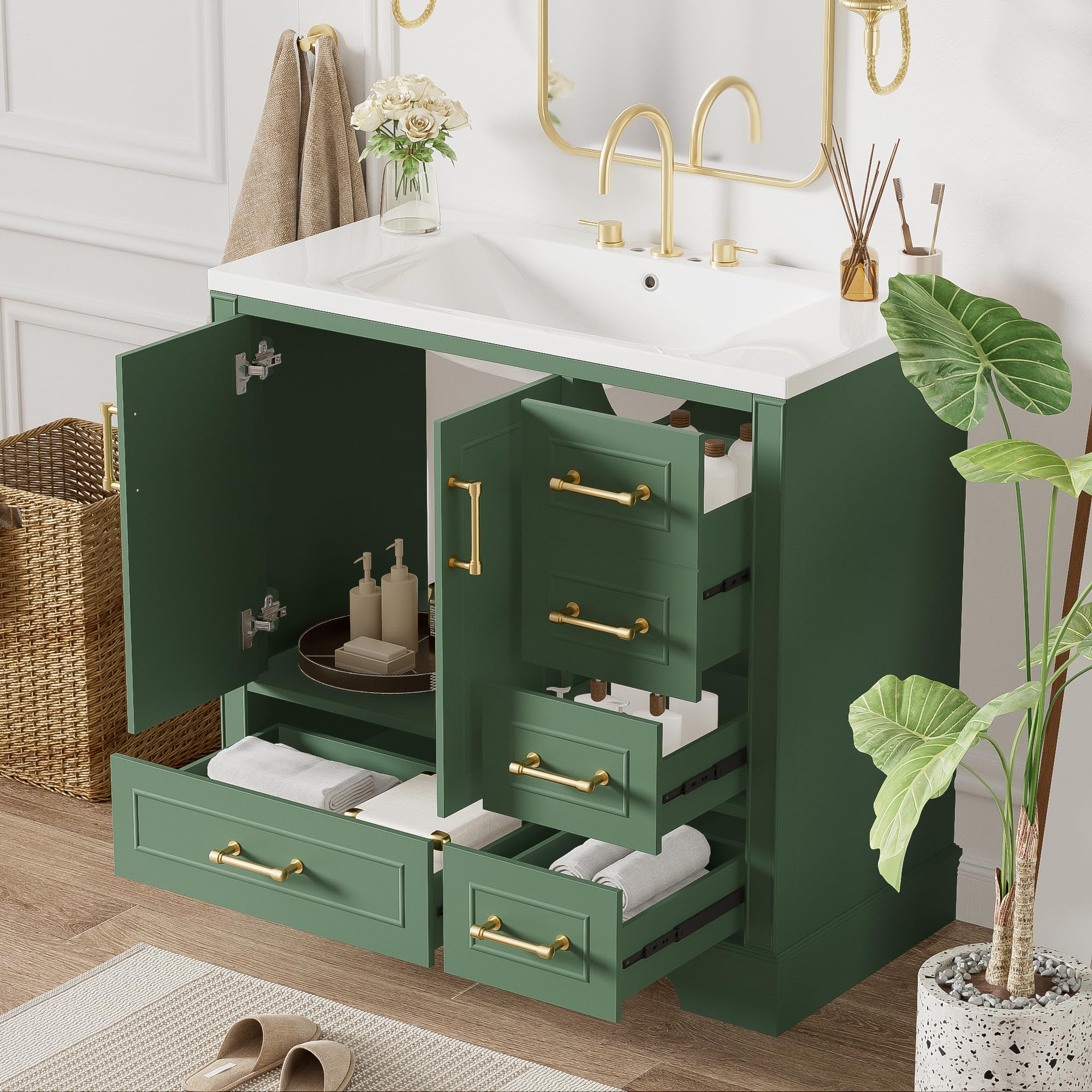 Lahoomu 36-Inch Green Bathroom Vanity With Ceramic Sink – Soft-Close Doors, 2 Double-Layer Drawers + 2 Standard Drawers, Adjustable Shelf, Compact Space-Saving Design