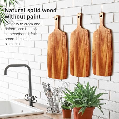 Miniatura 3 de Kathfly 3 tablas de cortar de madera de acacia con mango láser de madera para servir charcutería para verduras, carne, pizza, queso, pan de frutas