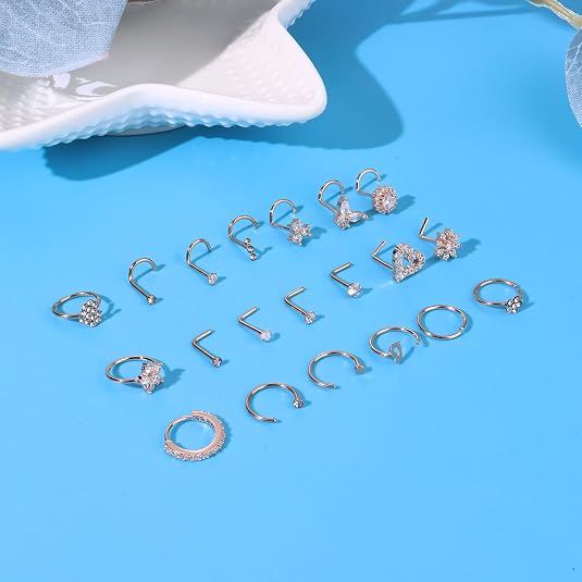 Adramata Lot 12 Goujons + 10 Chaînes Nez – Piercing Acier Chirurgical 20G Pour Double Piercing