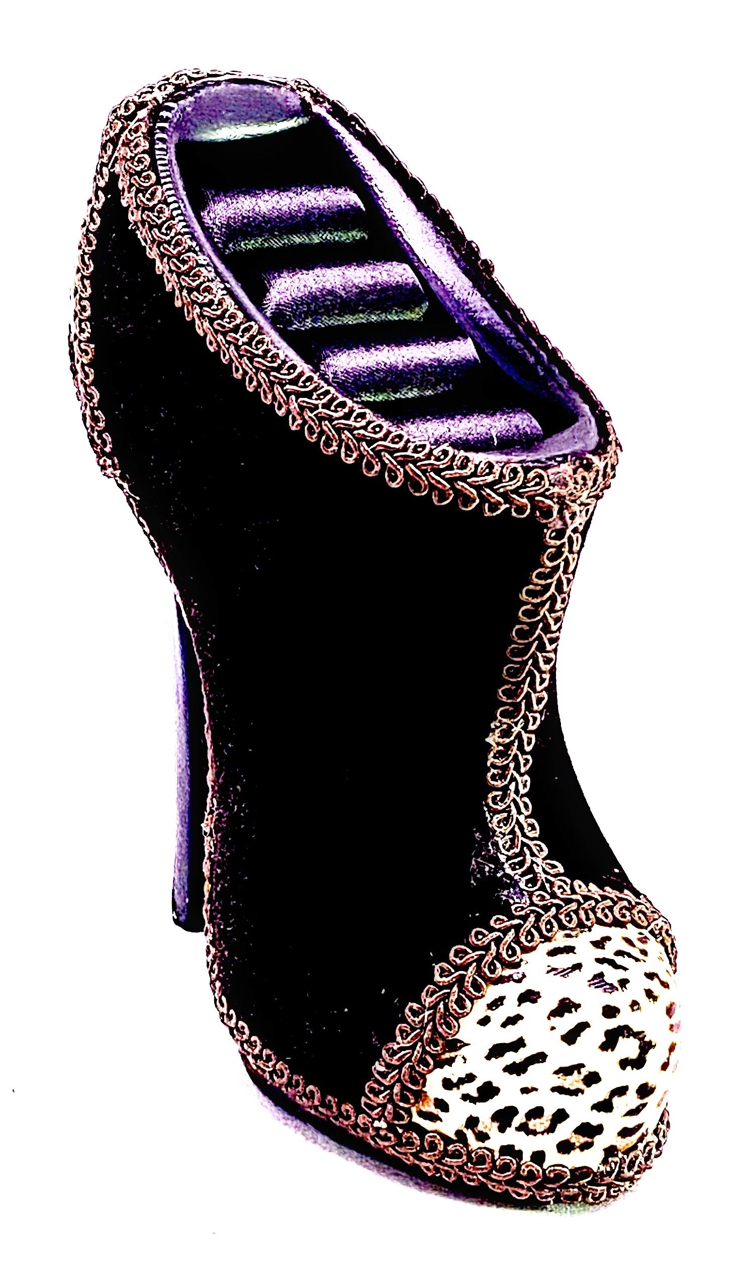 Queen Beads Black Velvet Leopard High Heel Ankle Bootie Ring Holder Shoes