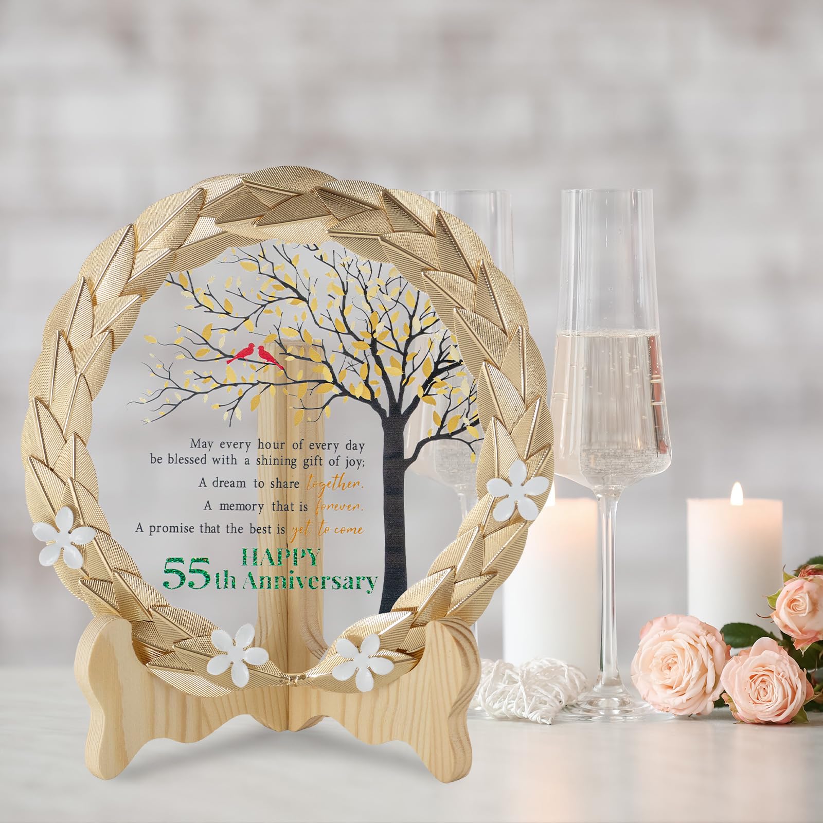 55th Anniversary Wedding Gifts Crystal Plate with Gold Leaf Wreath - 55th Anniversary Wedding Gifts for Parents Couple - 55th Wedding Anniversary Unique Gift Ideas - Cardinal Style