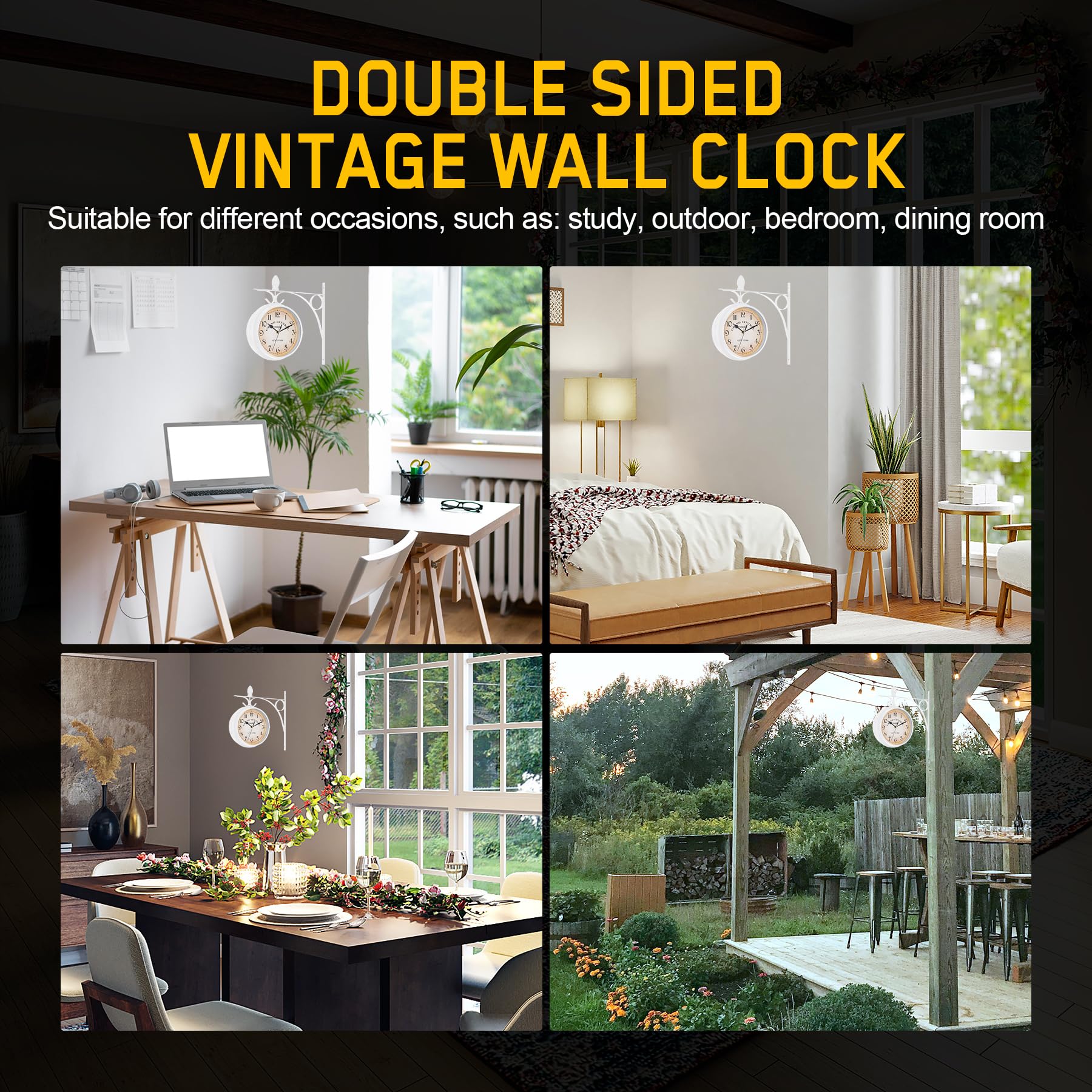 Samger Bahnhofsuhr Doppelseitig Wanduhr Garten Uhr Bahnhof mit Halterung, Retro Vintage-Stil, 29CM, Eisen, New York, Batteriebetrieben, Weiß, Beidseitige Wanduhr für Drinnen und Draußen