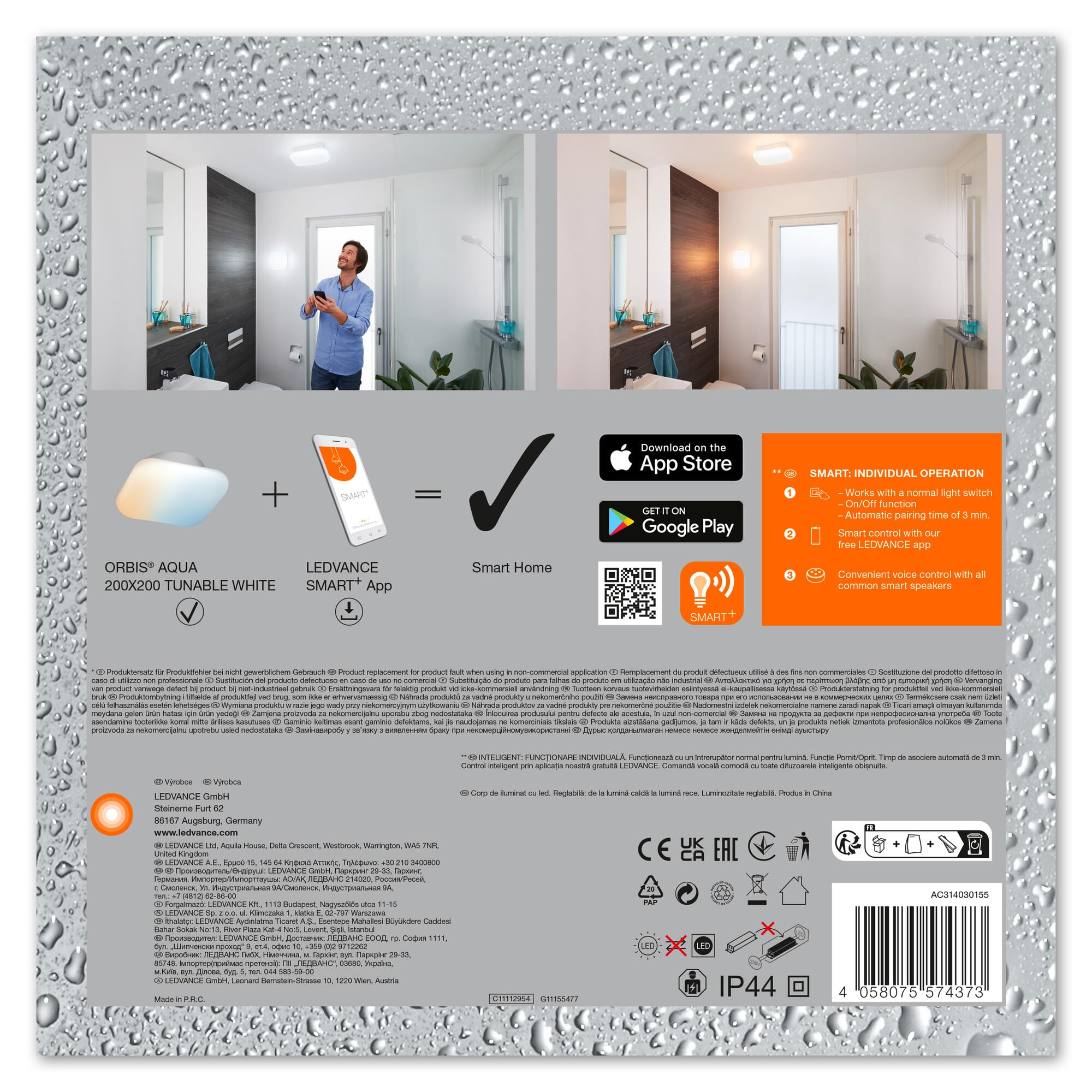 LEDVANCE Oprawa oświetleniowa: BATHROOM DECORATIVE CEILING AND WALL WITH WIFI TECHNOLOGY / 12 W, 220…240 V, kąt rozsyłu światła: 110°, Program Tunable White, 3000…6500 K, materiał: steel, IP44