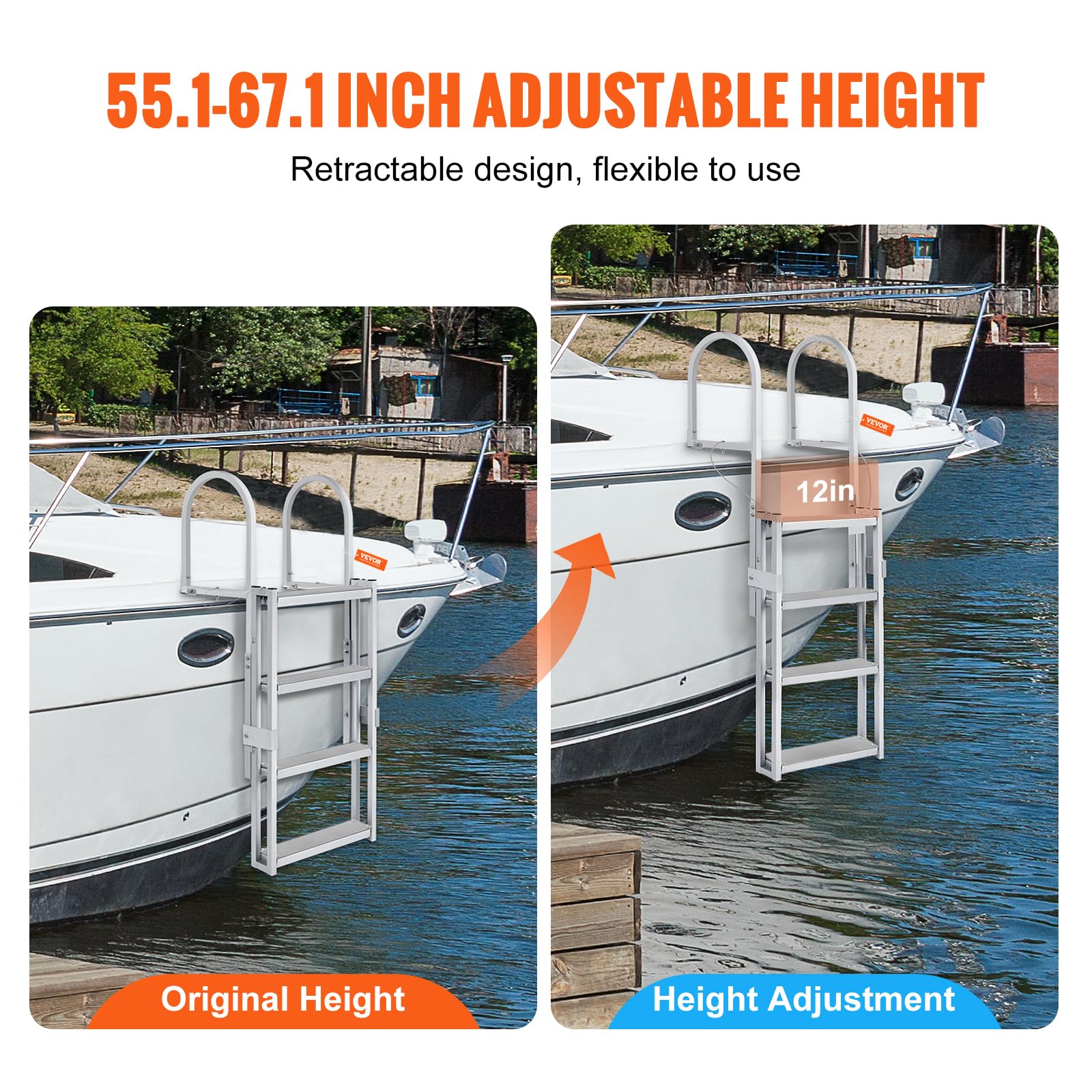 VEVOR Dockleiter 4 einziehbare Stufen 159kg Tragkraft Pontonbootleiter aus Aluminiumlegierung mit 1400-1705mm Einstellbarer Höhe 10cm breite Stufe zum Einsteigen in Schiffe/Seen/Schwimmbäder